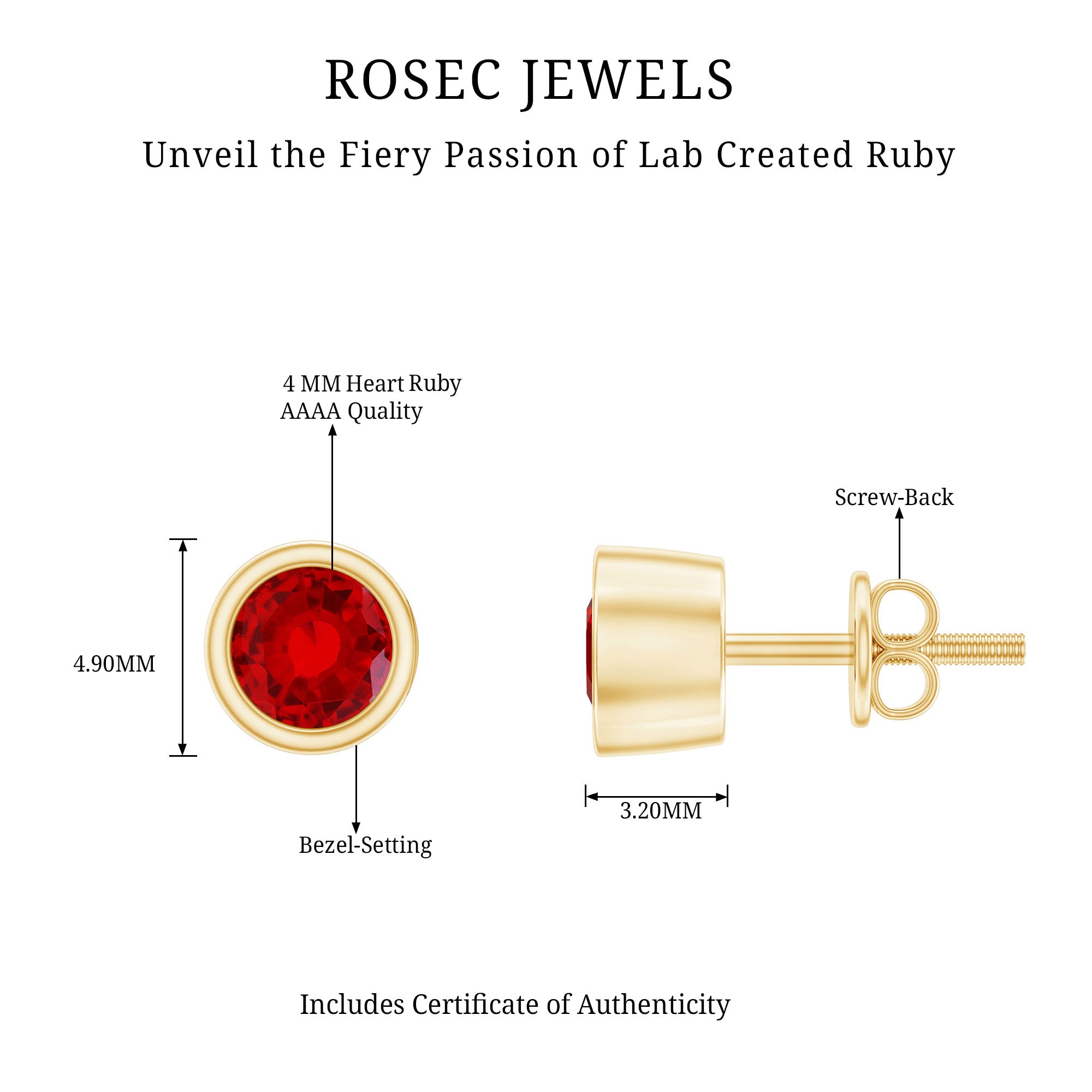 Minimalist Lab Grown Ruby Stud Earrings in Bezel Setting AAAA - Rosec Jewels