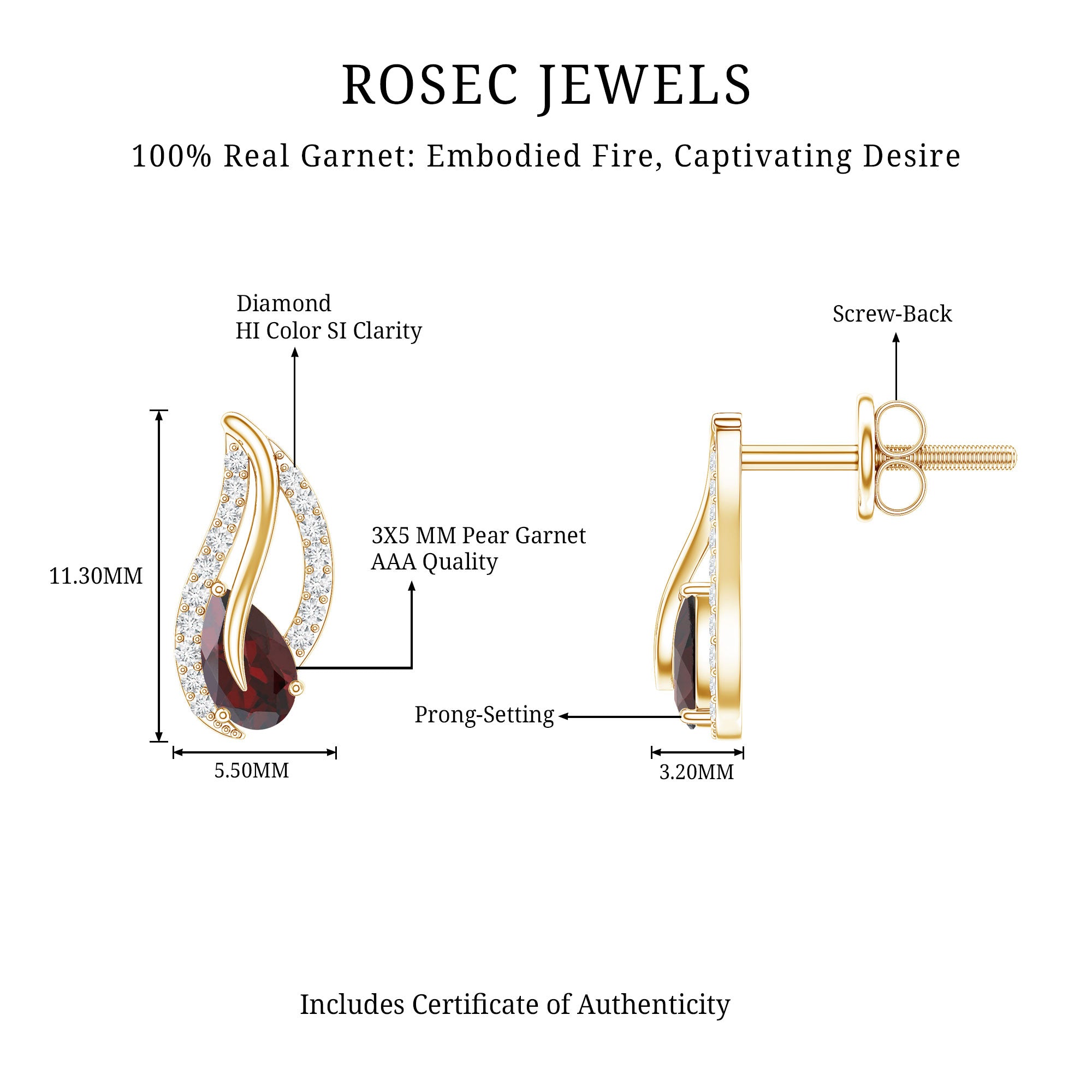 Pear Shape Garnet and Diamond Leaf Stud Earrings AAA - Rosec Jewels