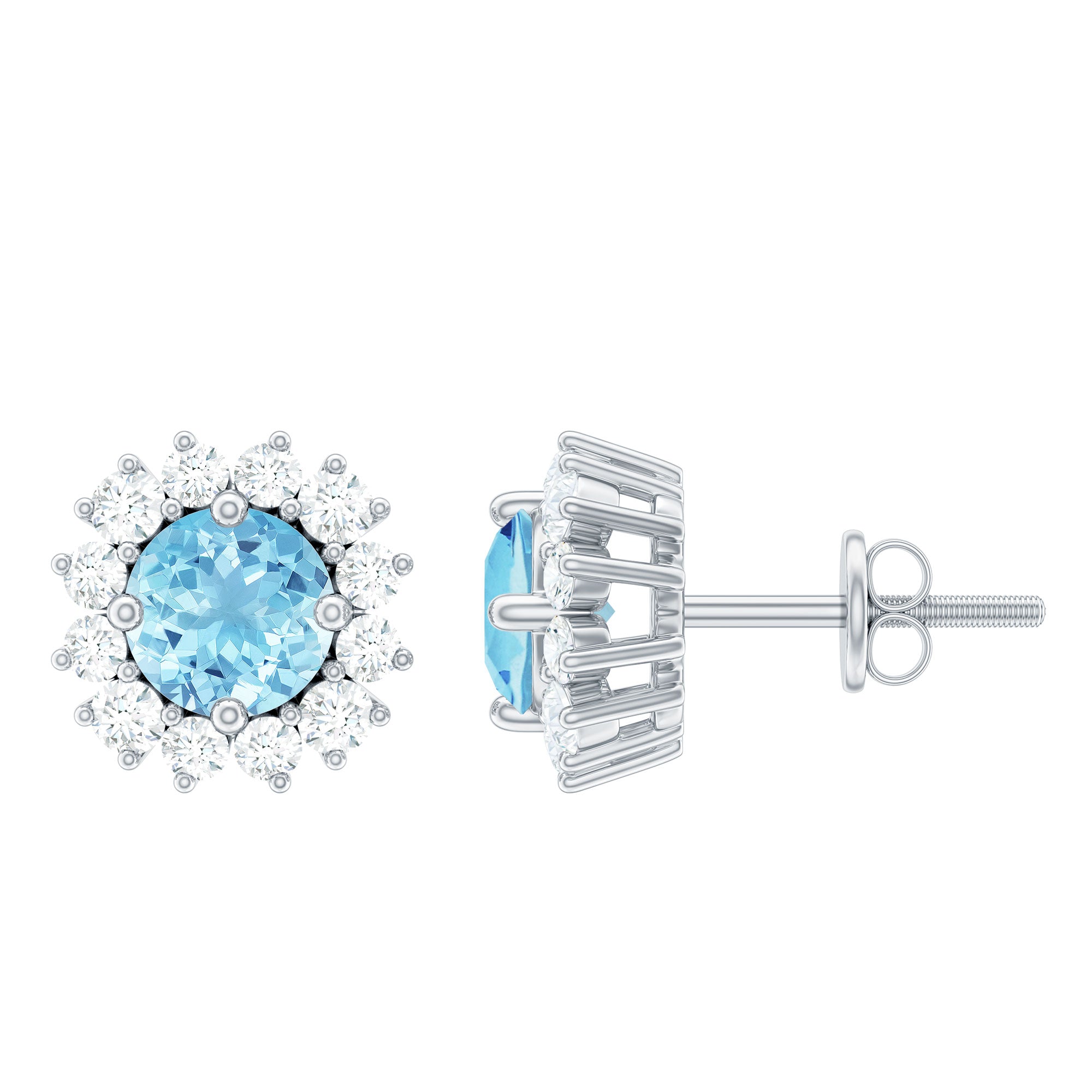 Genuine Aquamarine and Diamond Halo Stud Earrings AAA - Rosec Jewels