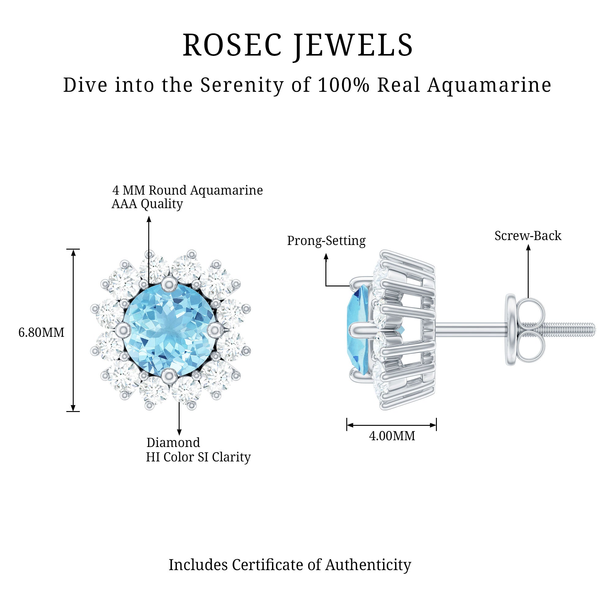 Genuine Aquamarine and Diamond Halo Stud Earrings AAA - Rosec Jewels