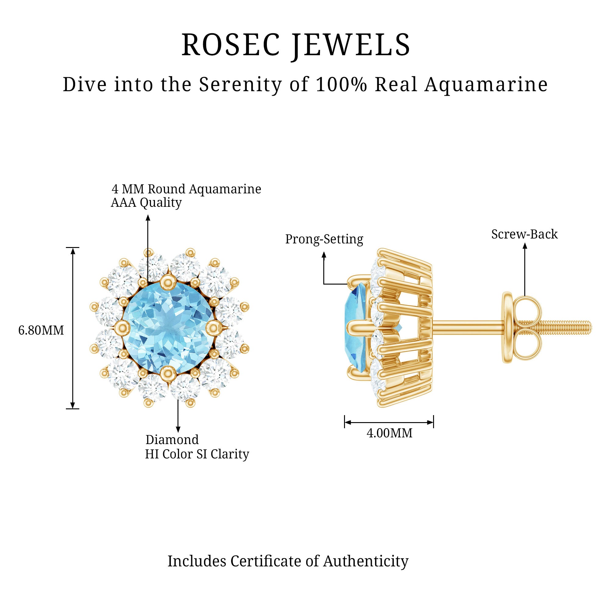 Genuine Aquamarine and Diamond Halo Stud Earrings AAA - Rosec Jewels
