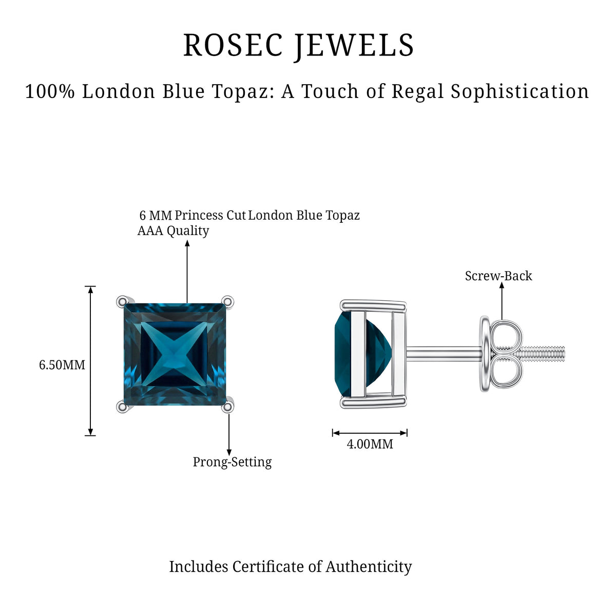 Princess Cut 2 Carat London Blue Topaz Solitaire Stud Earrings AAA - Rosec Jewels