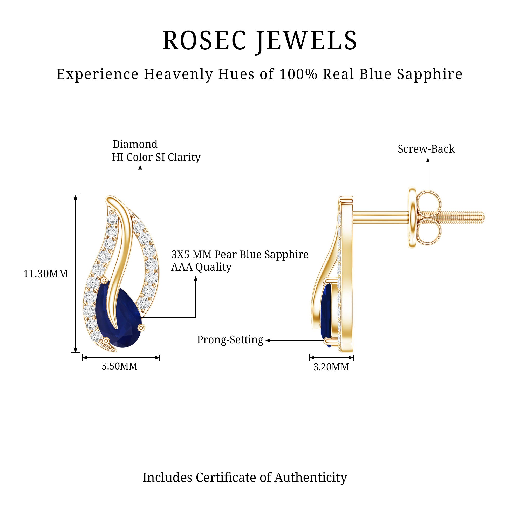 Nature Inspired Blue Sapphire Diamond Leaf Earrings AAA - Rosec Jewels