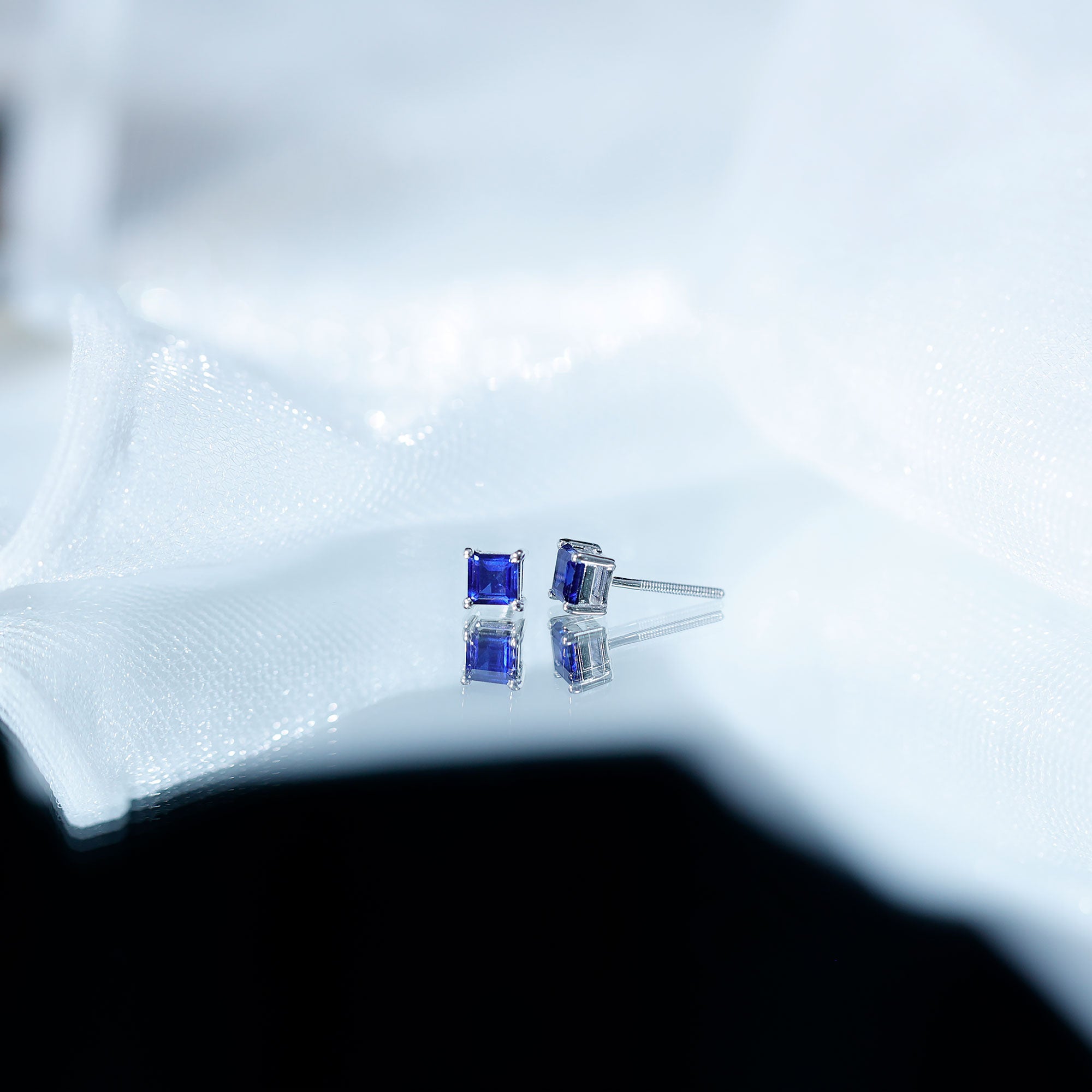 1 Carat Solitaire Blue Sapphire Princess Cut Stud Earrings AAA - Rosec Jewels