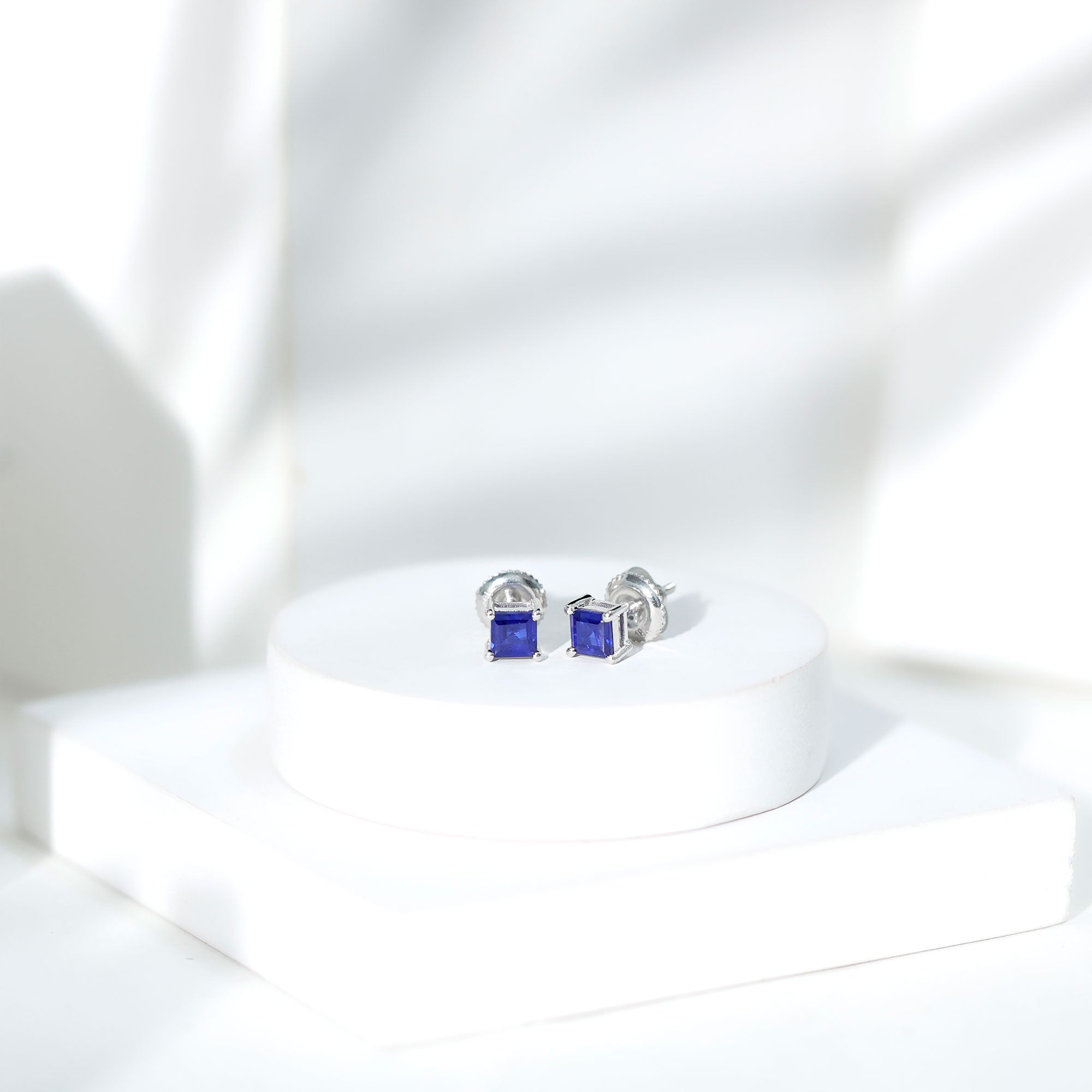 1 Carat Solitaire Blue Sapphire Princess Cut Stud Earrings AAA - Rosec Jewels
