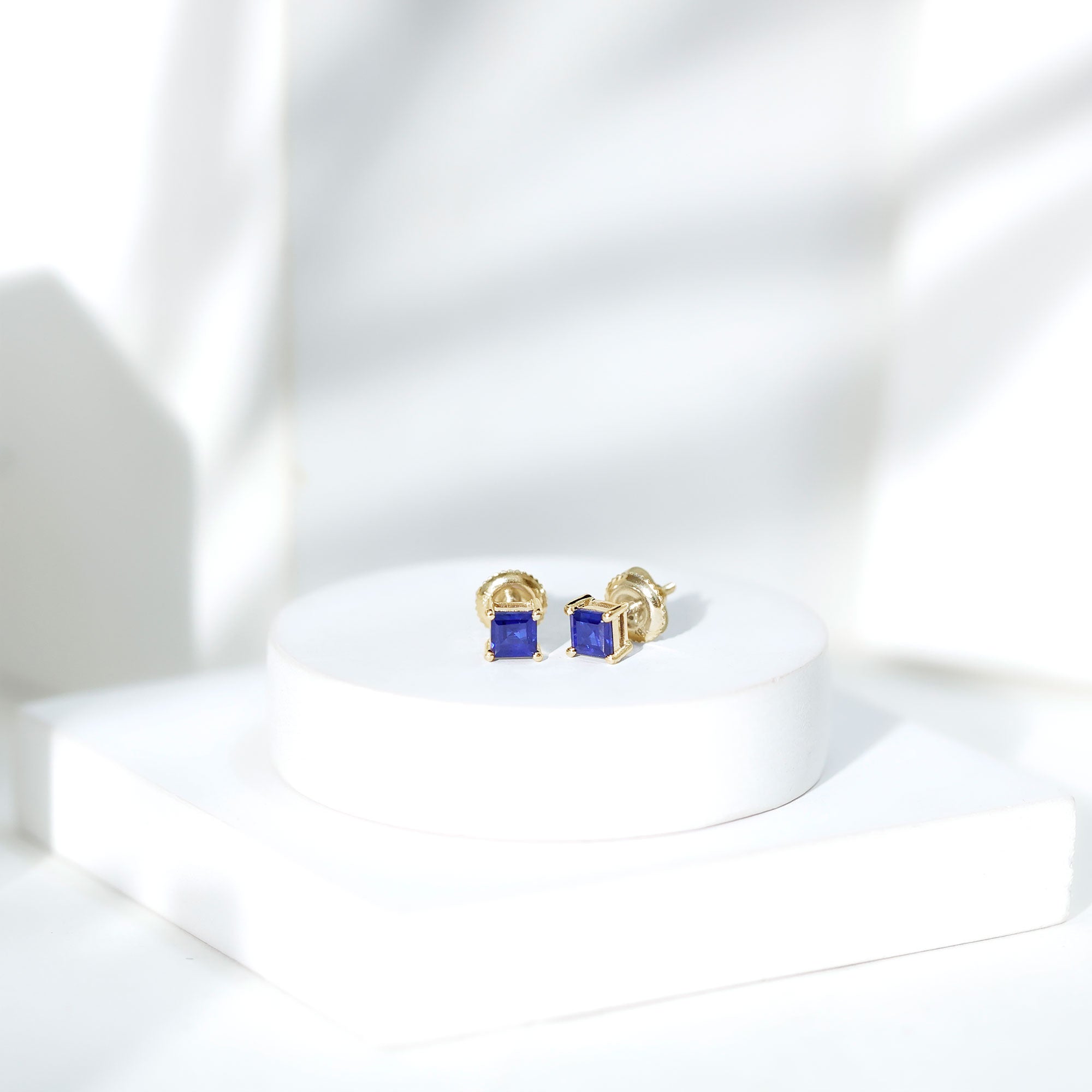 1 Carat Solitaire Blue Sapphire Princess Cut Stud Earrings AAA - Rosec Jewels