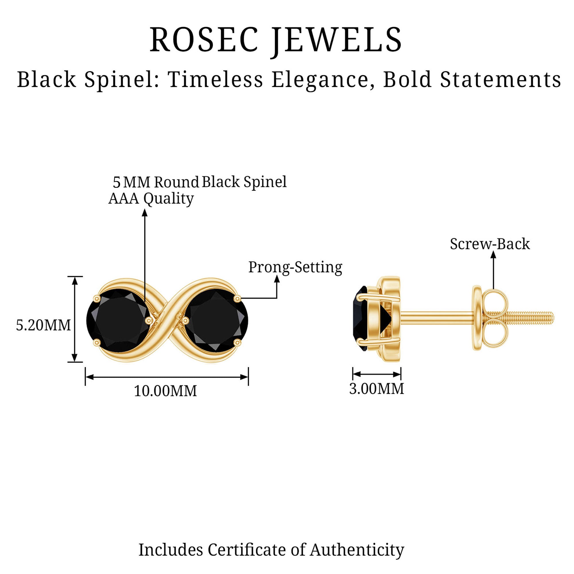 Genuine 1.8 Carat Black Spinel Two Stone Infinity Stud Earrings AAA - Rosec Jewels
