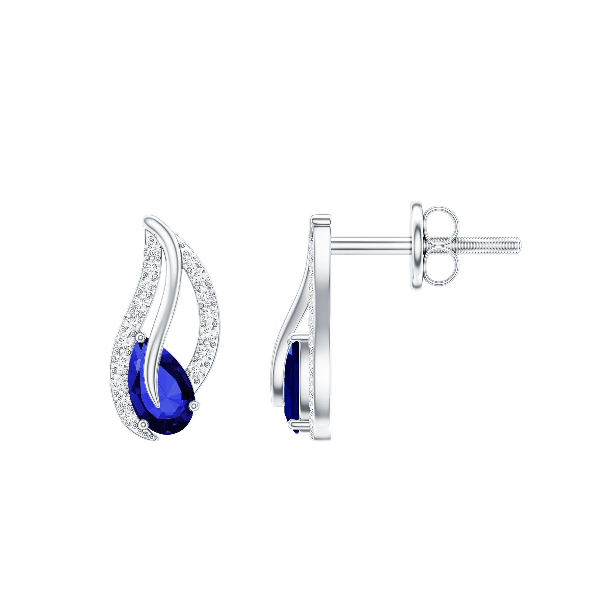 Lab Created Blue Sapphire and Moissanite Leaf Stud Earrings AAAA - Rosec Jewels