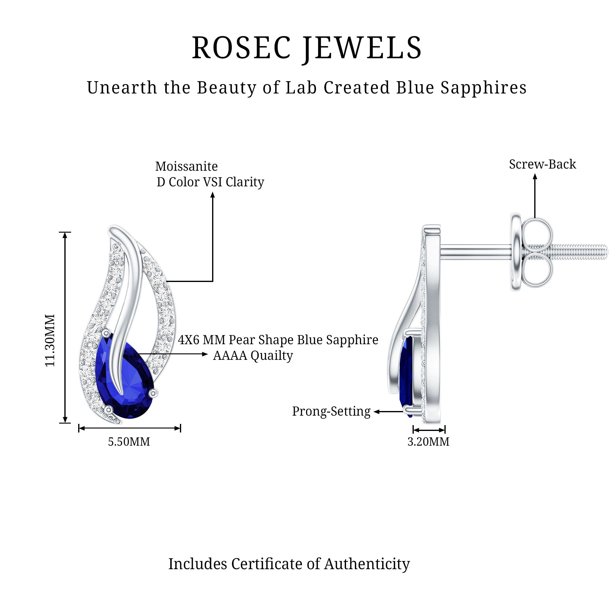 Lab Created Blue Sapphire and Moissanite Leaf Stud Earrings AAAA - Rosec Jewels