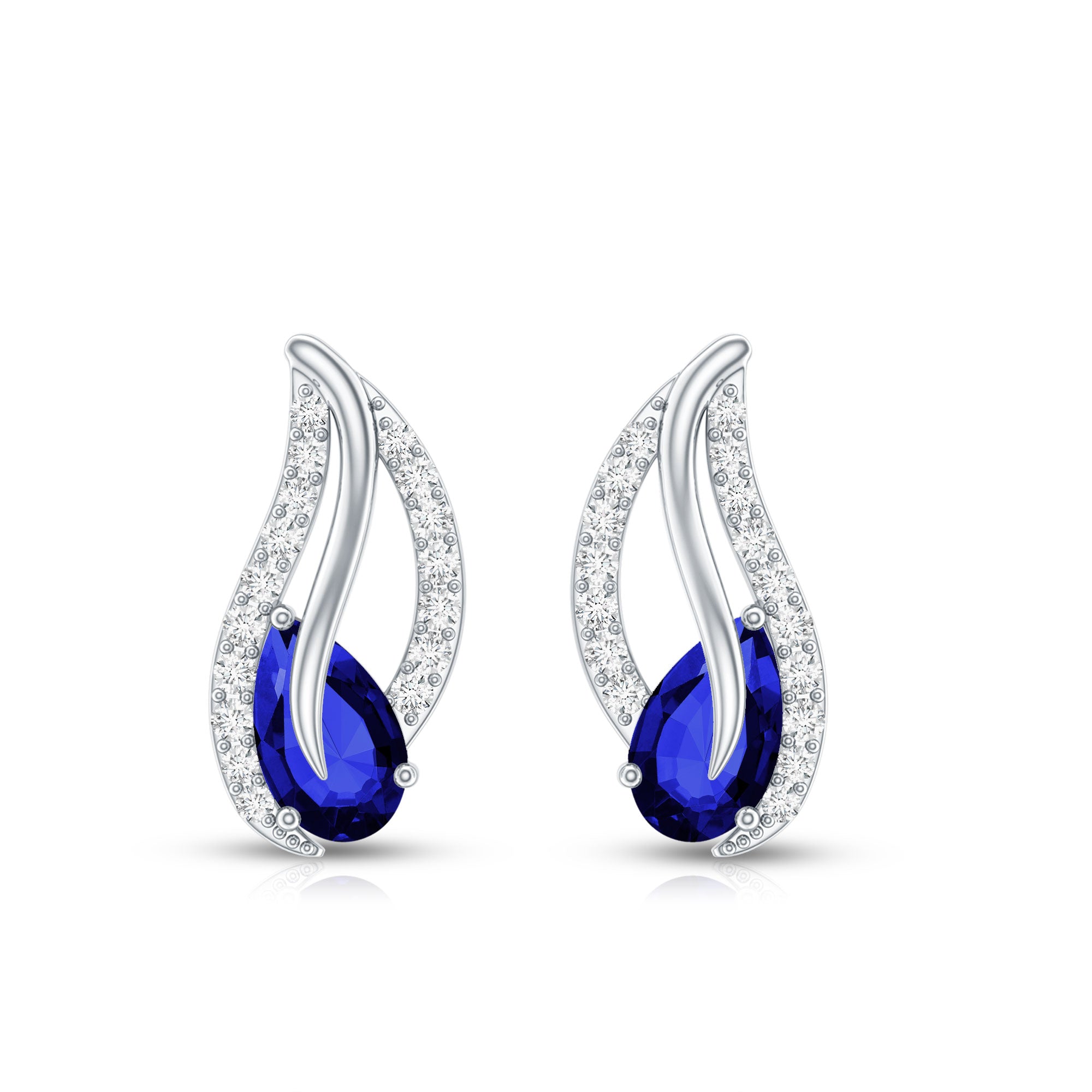 Lab Created Blue Sapphire and Moissanite Leaf Stud Earrings AAAA - Rosec Jewels
