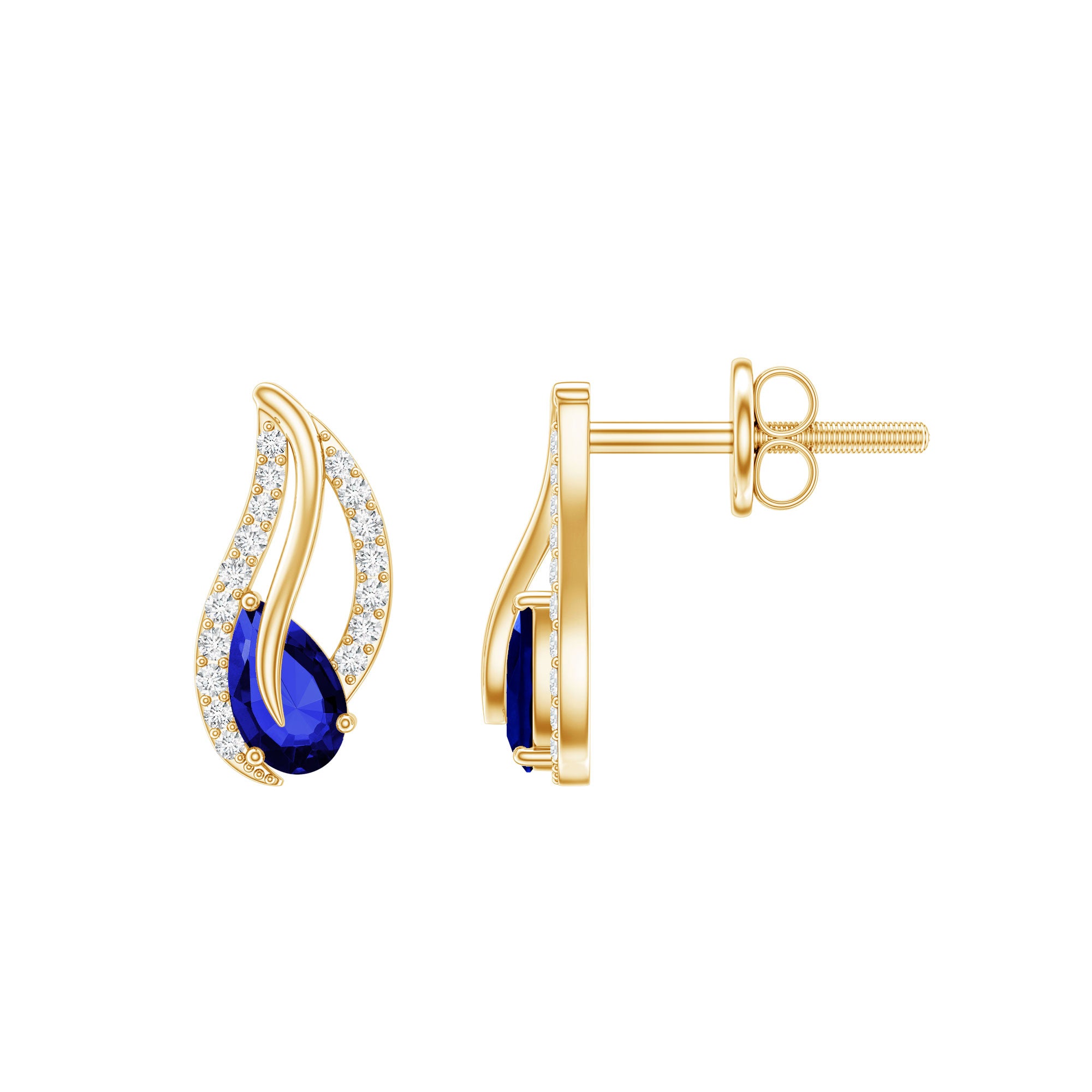 Lab Created Blue Sapphire and Moissanite Leaf Stud Earrings AAAA - Rosec Jewels