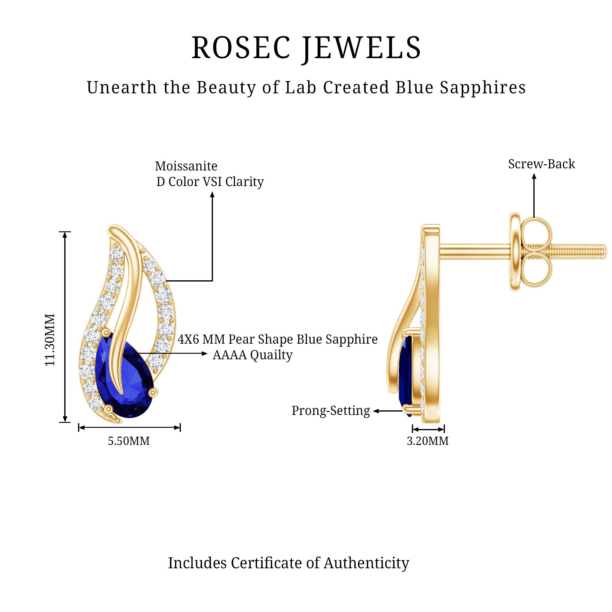 Lab Created Blue Sapphire and Moissanite Leaf Stud Earrings AAAA - Rosec Jewels