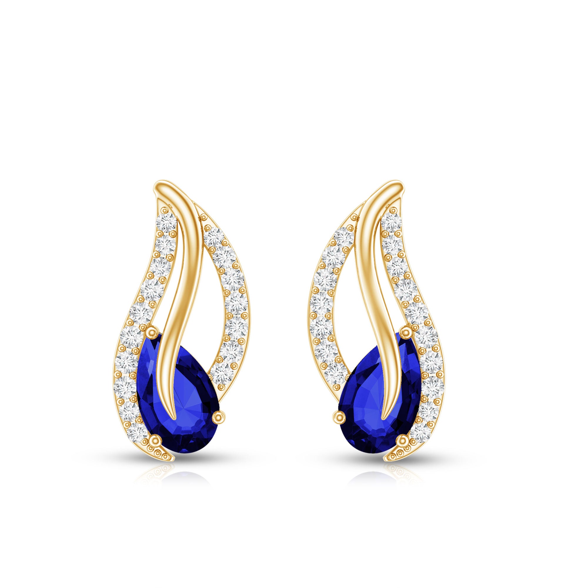 Lab Created Blue Sapphire and Moissanite Leaf Stud Earrings AAAA - Rosec Jewels