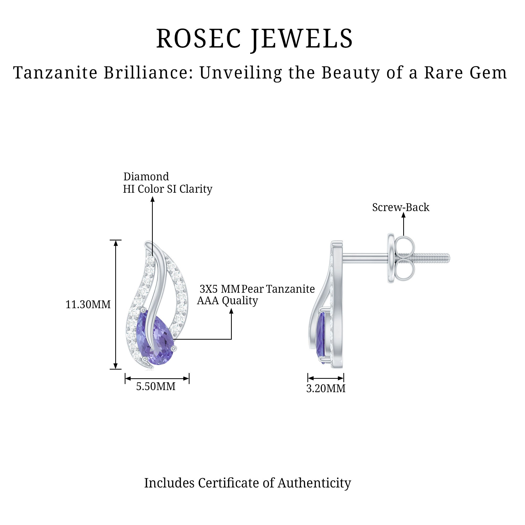 Pear Shape Tanzanite and Diamond Leaf Stud Earrings AAA - Rosec Jewels