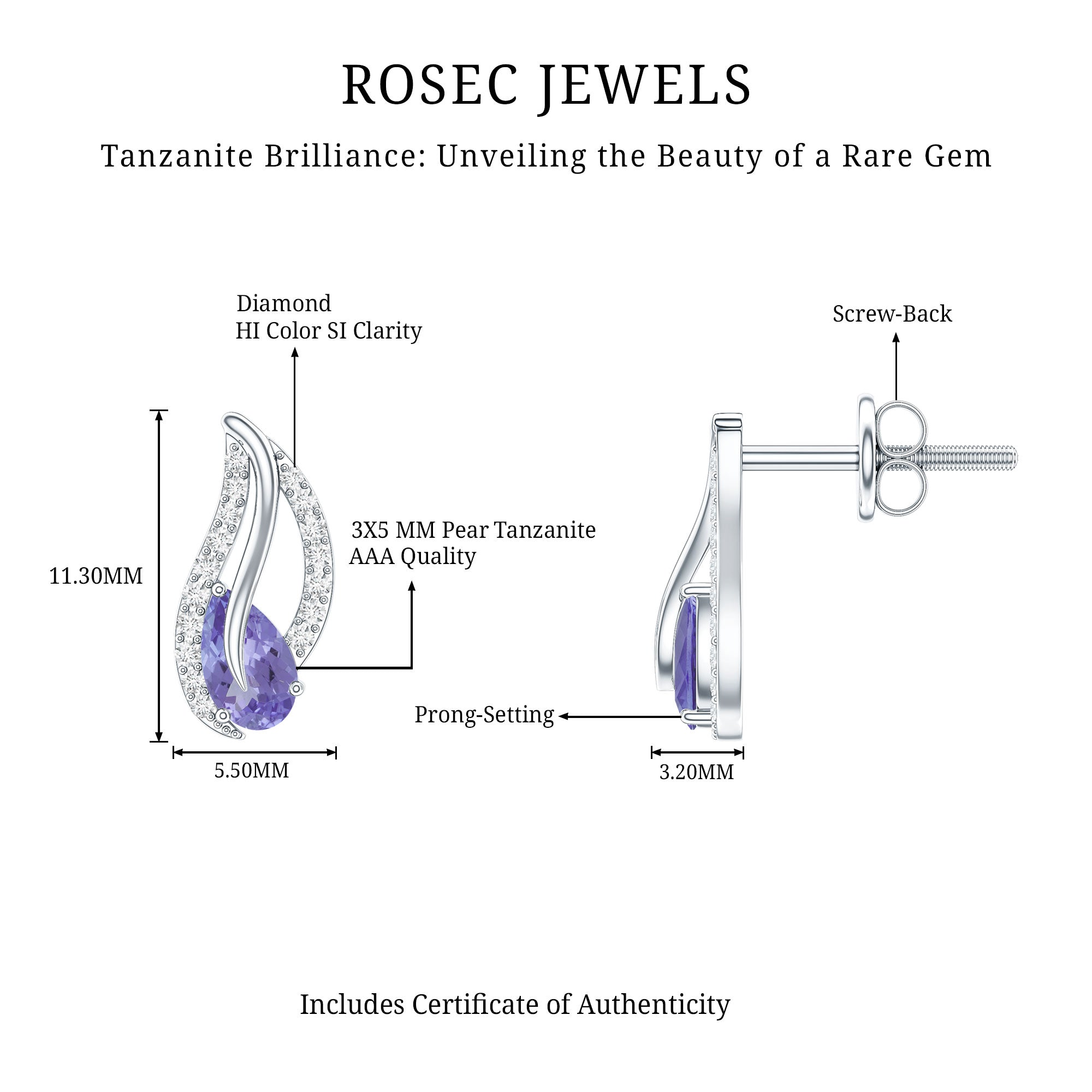 Pear Shape Tanzanite and Diamond Leaf Stud Earrings AAA - Rosec Jewels