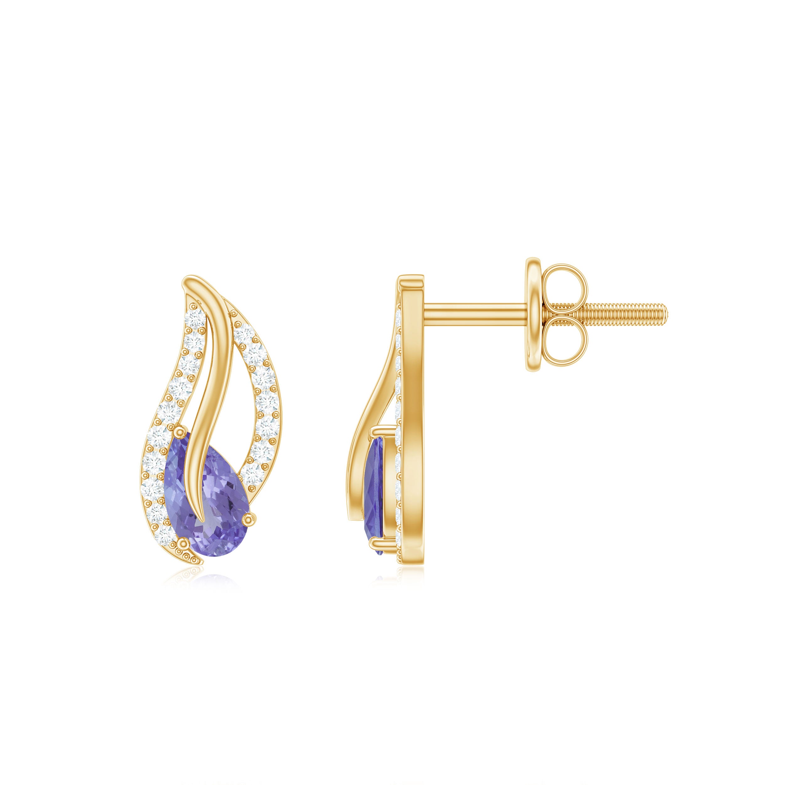 Pear Shape Tanzanite and Diamond Leaf Stud Earrings AAA - Rosec Jewels