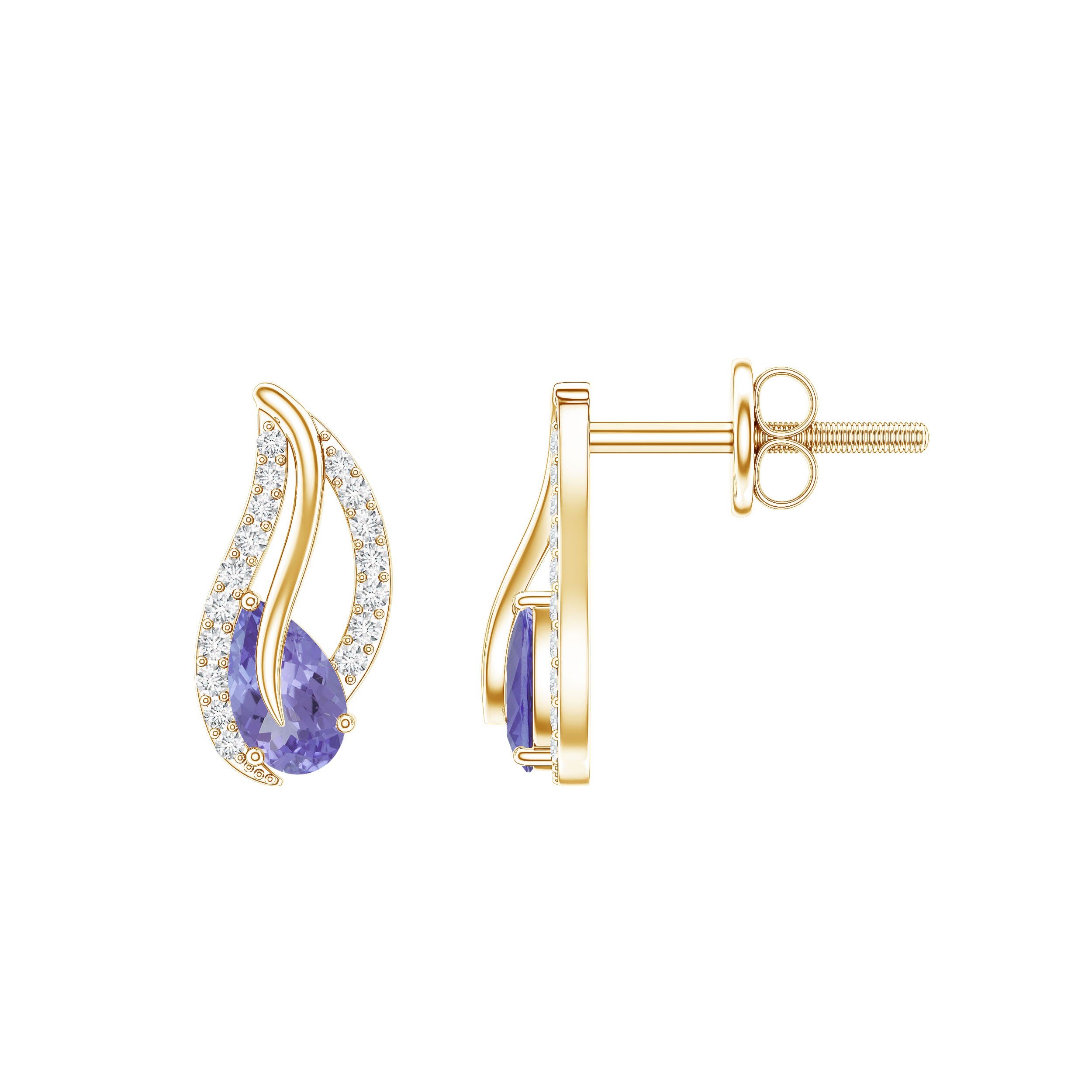Pear Shape Tanzanite and Diamond Leaf Stud Earrings AAA - Rosec Jewels