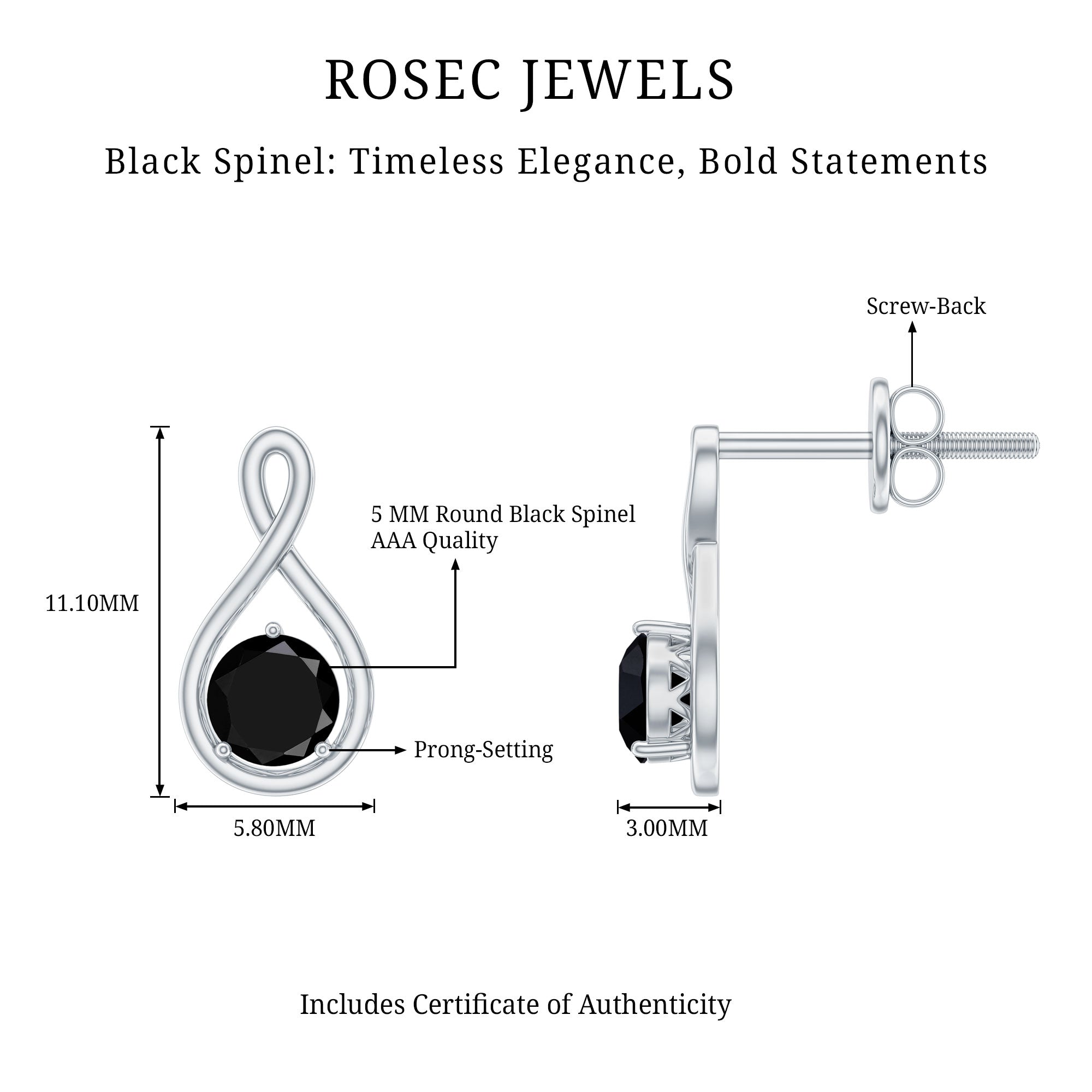 Certified Real Black Spinel Infinity Earrings with Screw Back AAA - Rosec Jewels