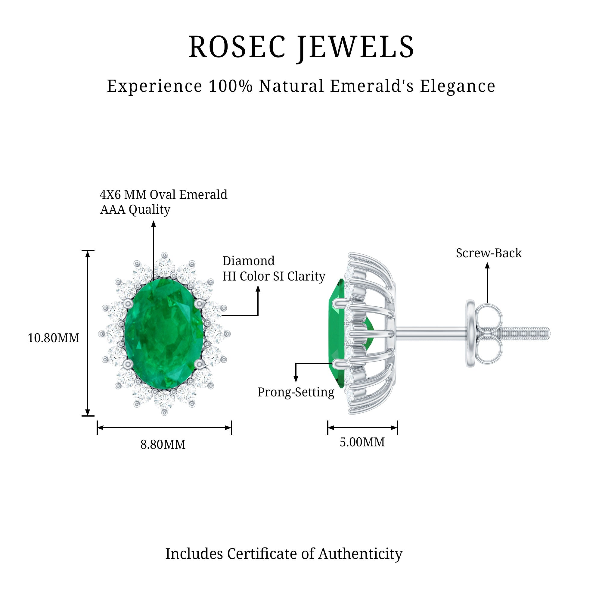 Natural 0.8 Carat Oval Cut Emerald and Diamond Earrings AAA - Rosec Jewels