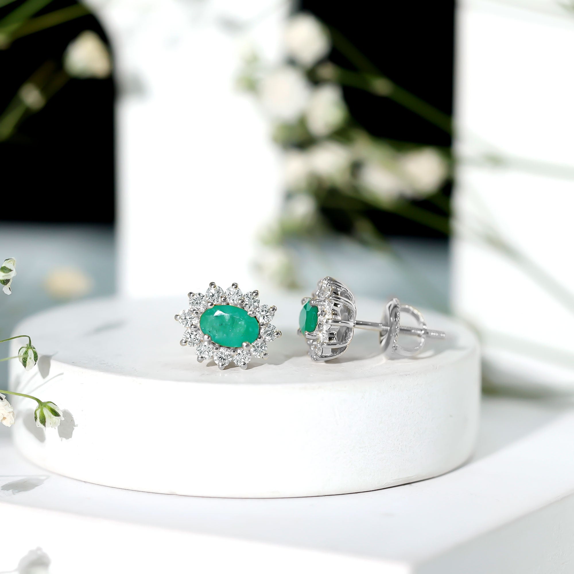 Natural 0.8 Carat Oval Cut Emerald and Diamond Earrings AAA - Rosec Jewels