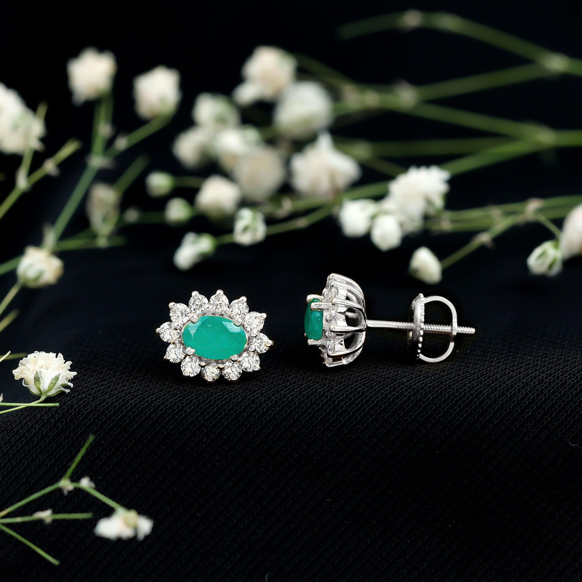 Natural 0.8 Carat Oval Cut Emerald and Diamond Earrings AAA - Rosec Jewels
