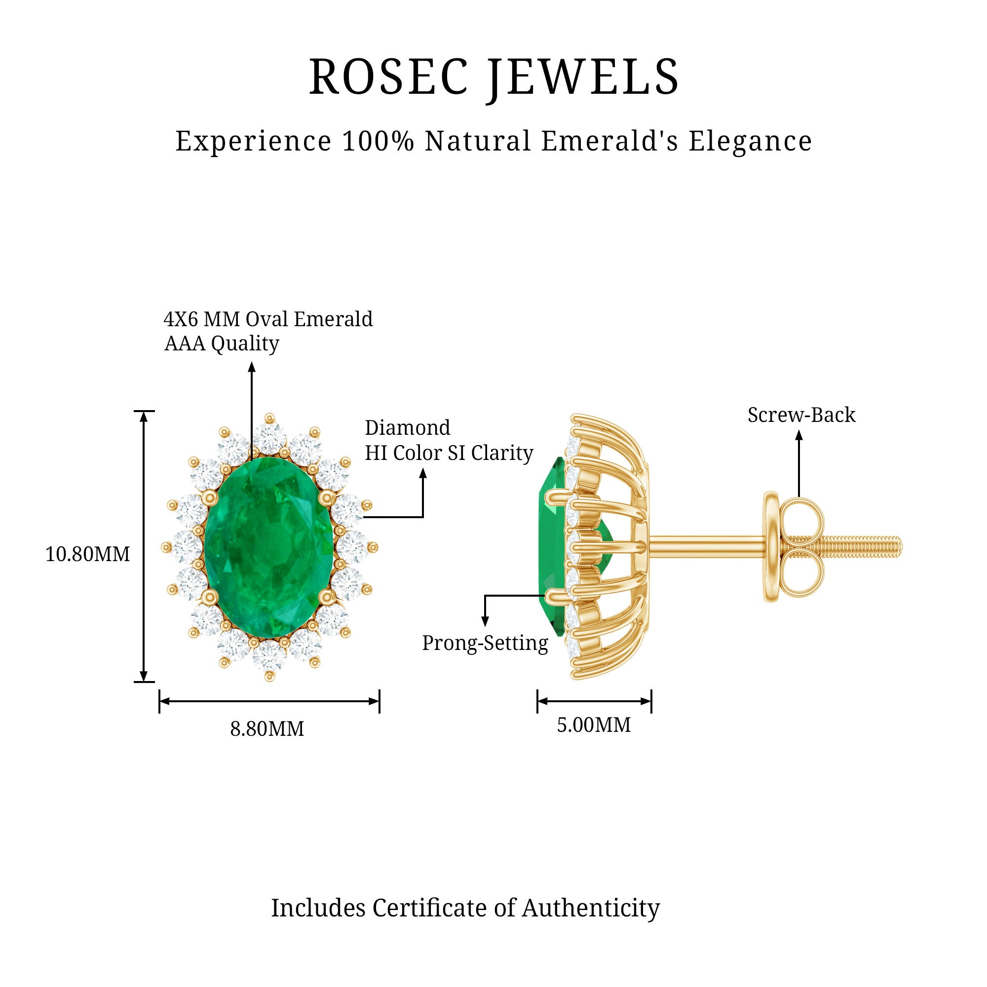 Natural 0.8 Carat Oval Cut Emerald and Diamond Earrings AAA - Rosec Jewels