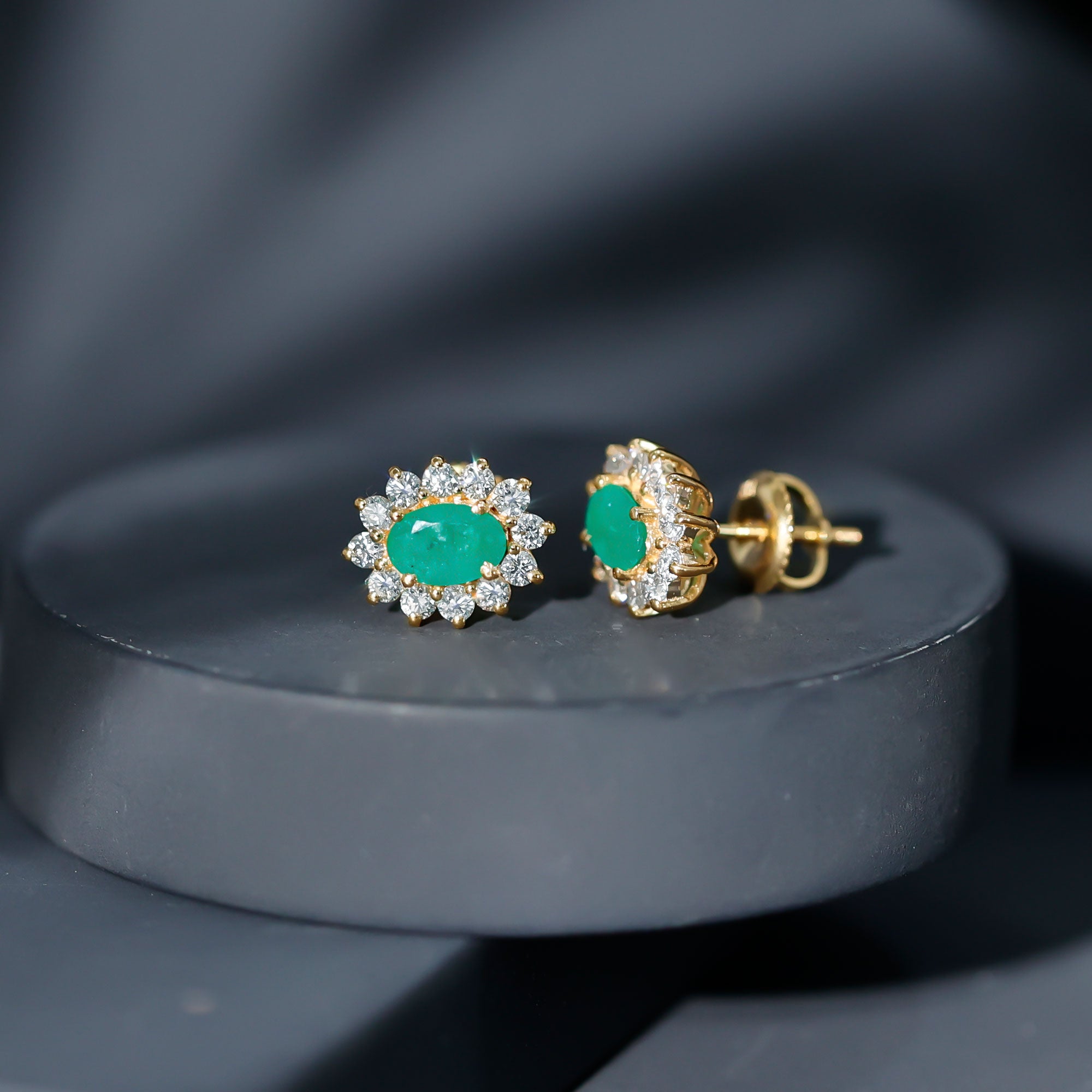 Natural 0.8 Carat Oval Cut Emerald and Diamond Earrings AAA - Rosec Jewels