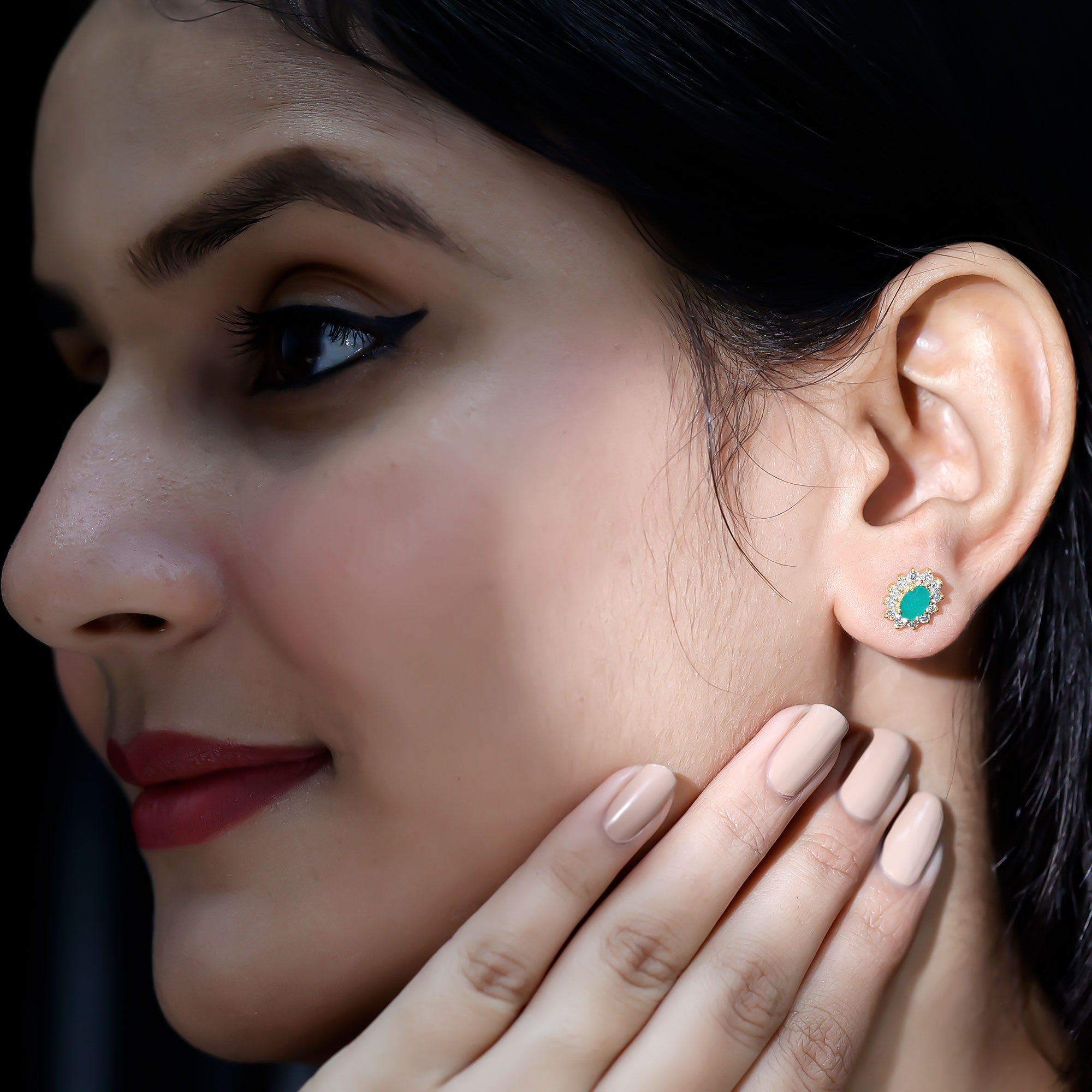 Natural 0.8 Carat Oval Cut Emerald and Diamond Earrings AAA - Rosec Jewels