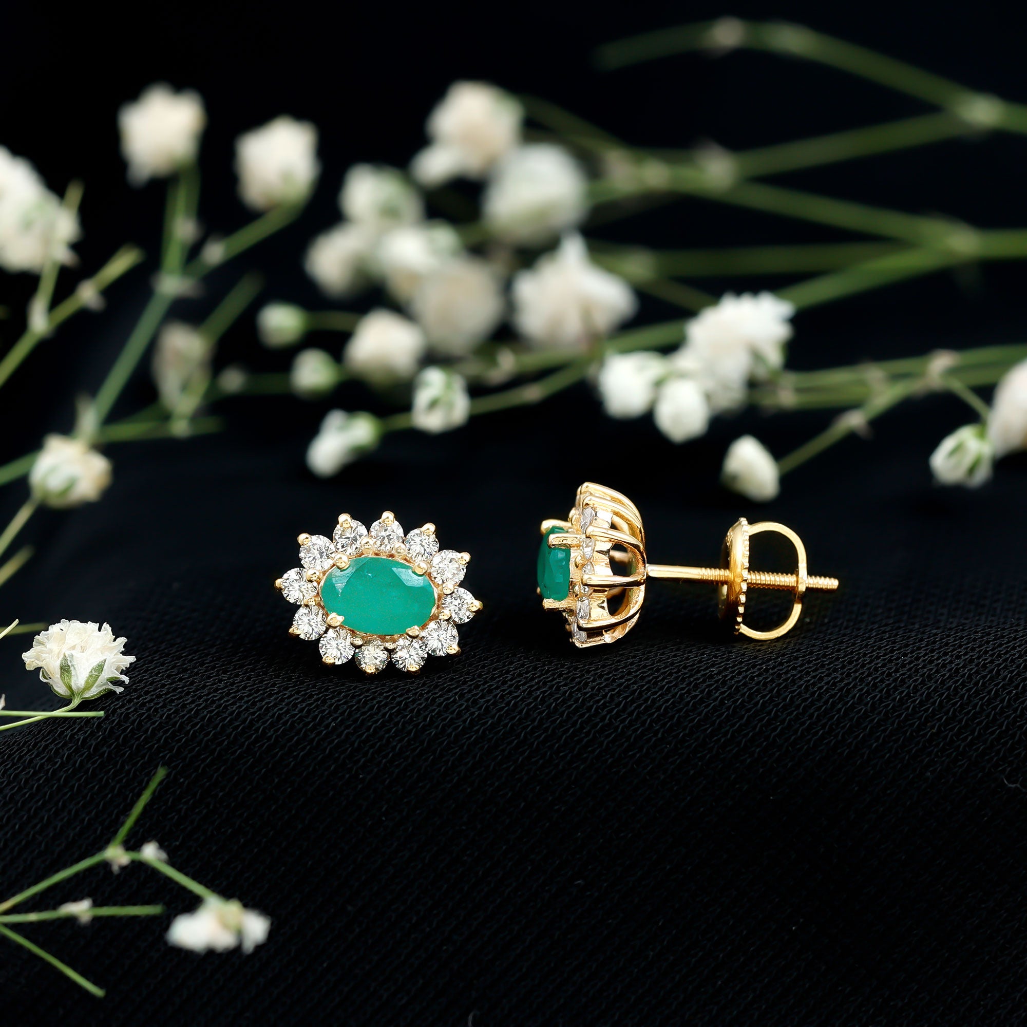 Natural 0.8 Carat Oval Cut Emerald and Diamond Earrings AAA - Rosec Jewels
