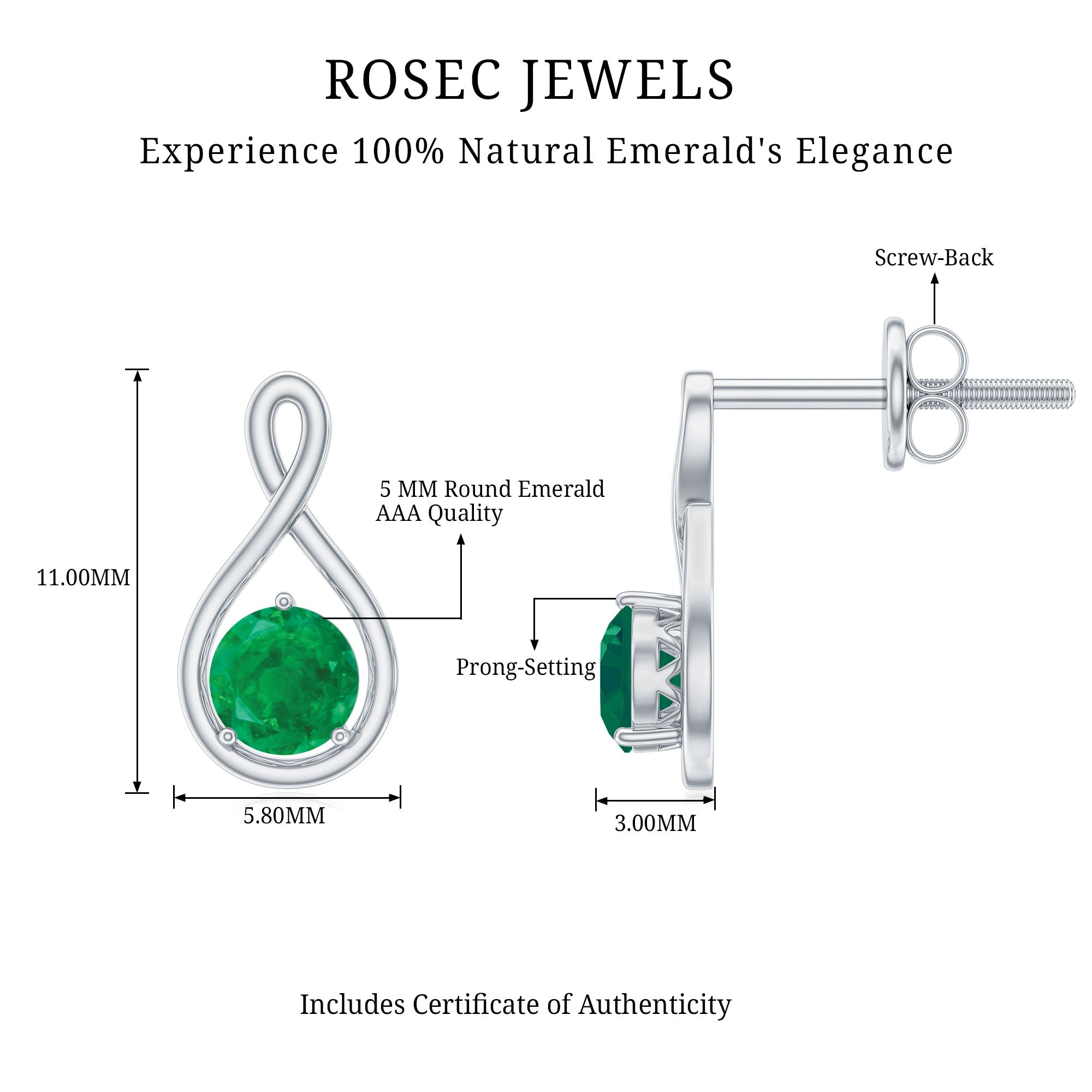 1 Carat Round Cut Emerald Solitaire Stud Earrings AAA - Rosec Jewels