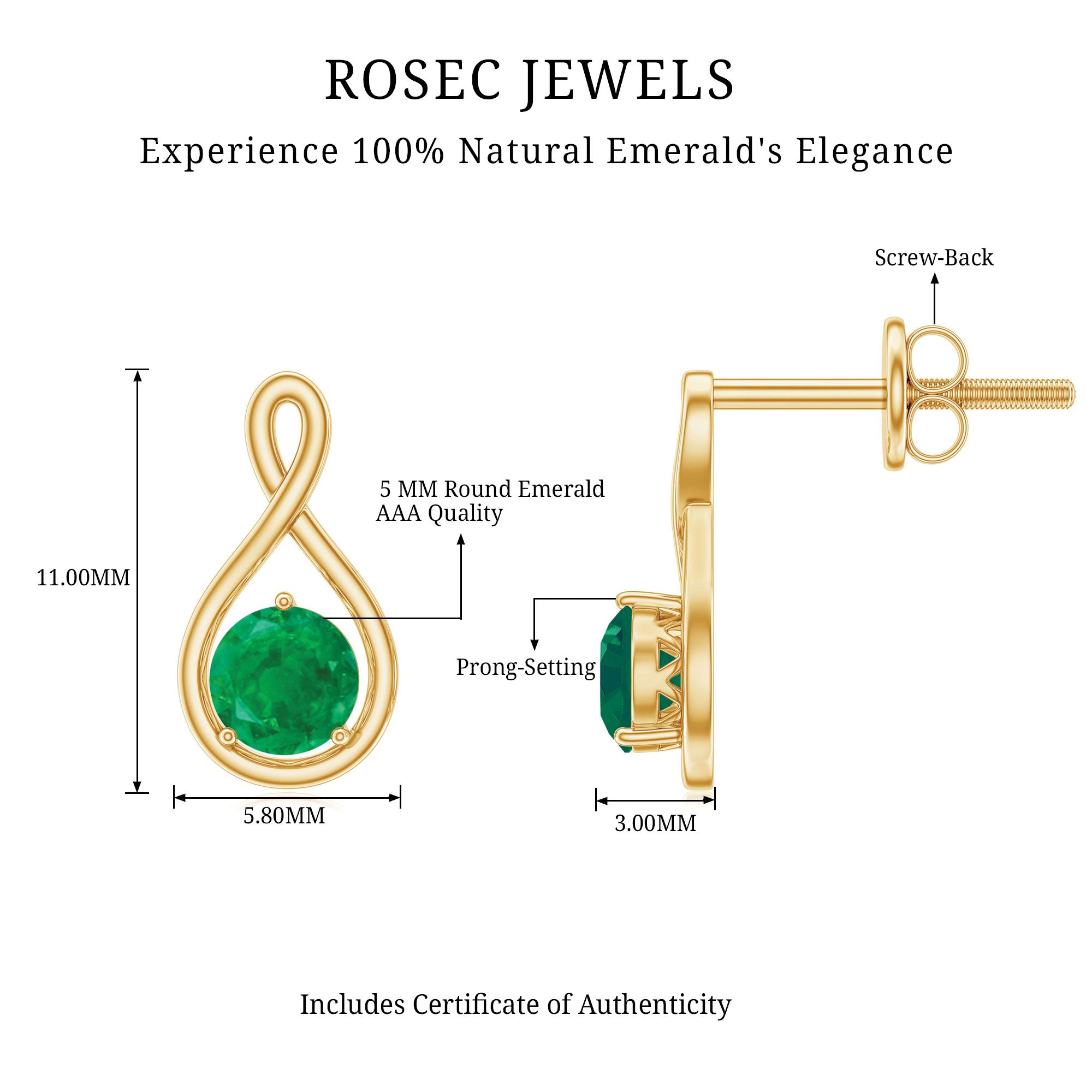 1 Carat Round Cut Emerald Solitaire Stud Earrings AAA - Rosec Jewels