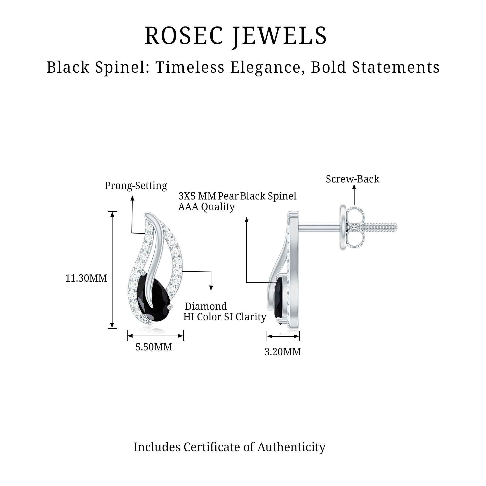 Pear Shape Black Spinel and Diamond Leaf Stud Earrings AAA - Rosec Jewels