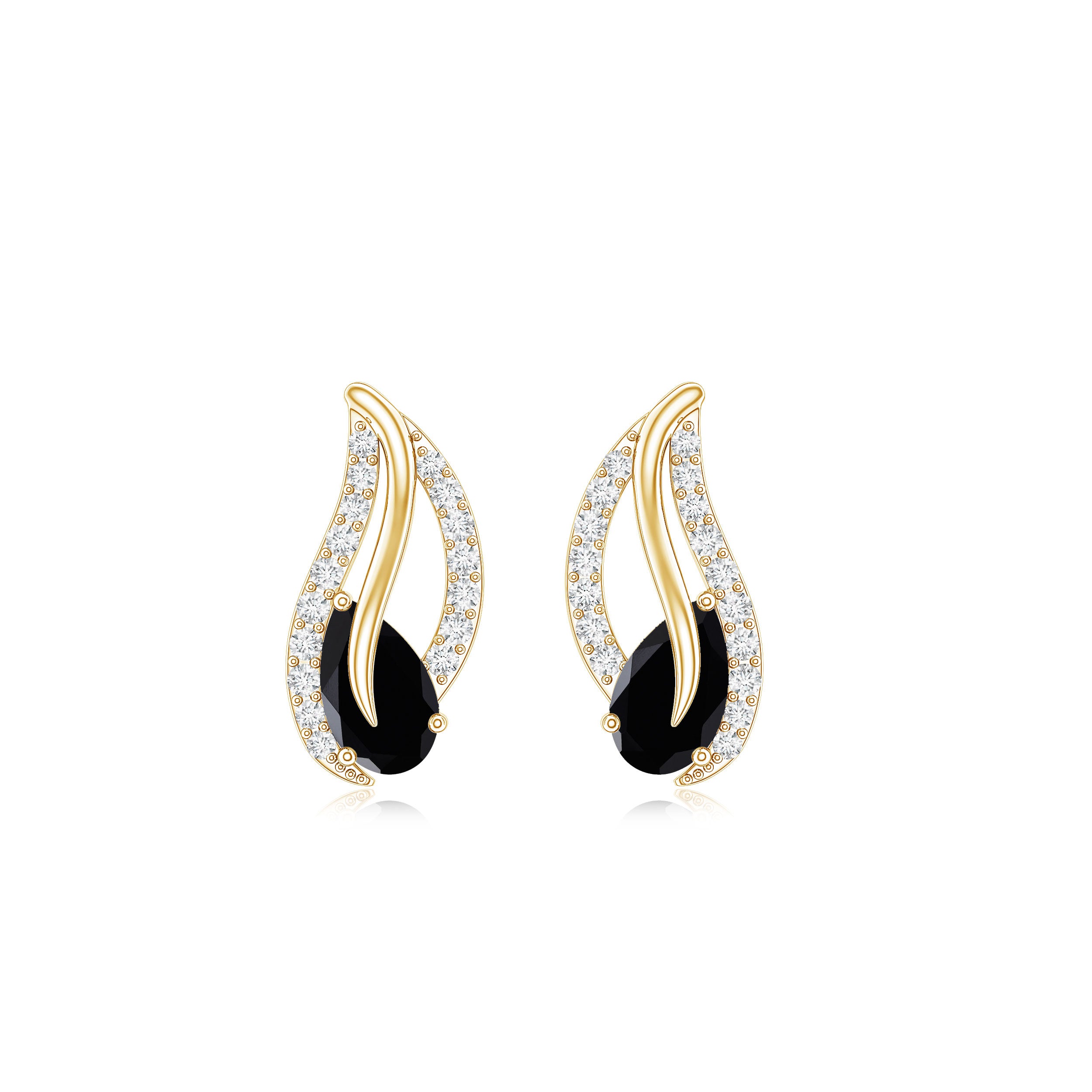 Pear Shape Black Spinel and Diamond Leaf Stud Earrings AAA - Rosec Jewels