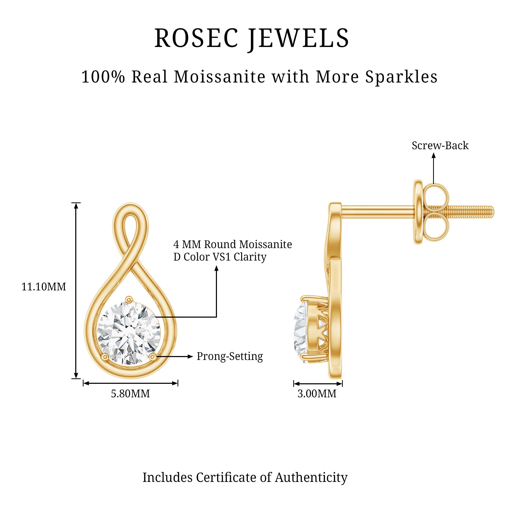 0.6 CT Round Cut Moissanite Infinity Stud Earrings D-VS1 - Rosec Jewels