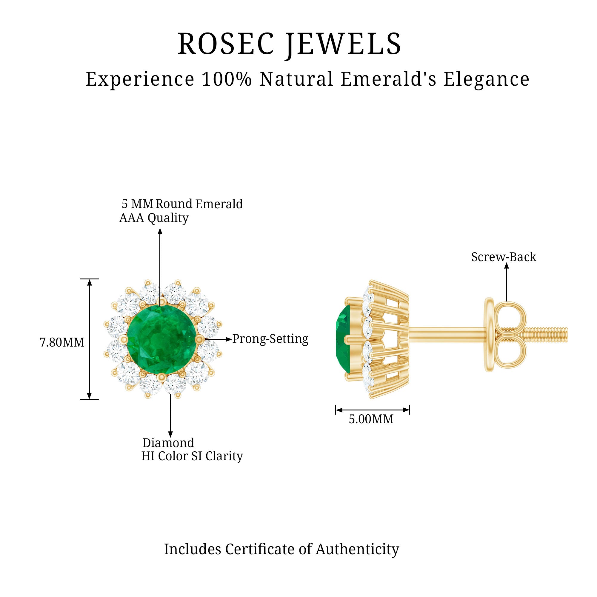 Classic Emerald Stud Earrings with Diamond Halo AAA - Rosec Jewels