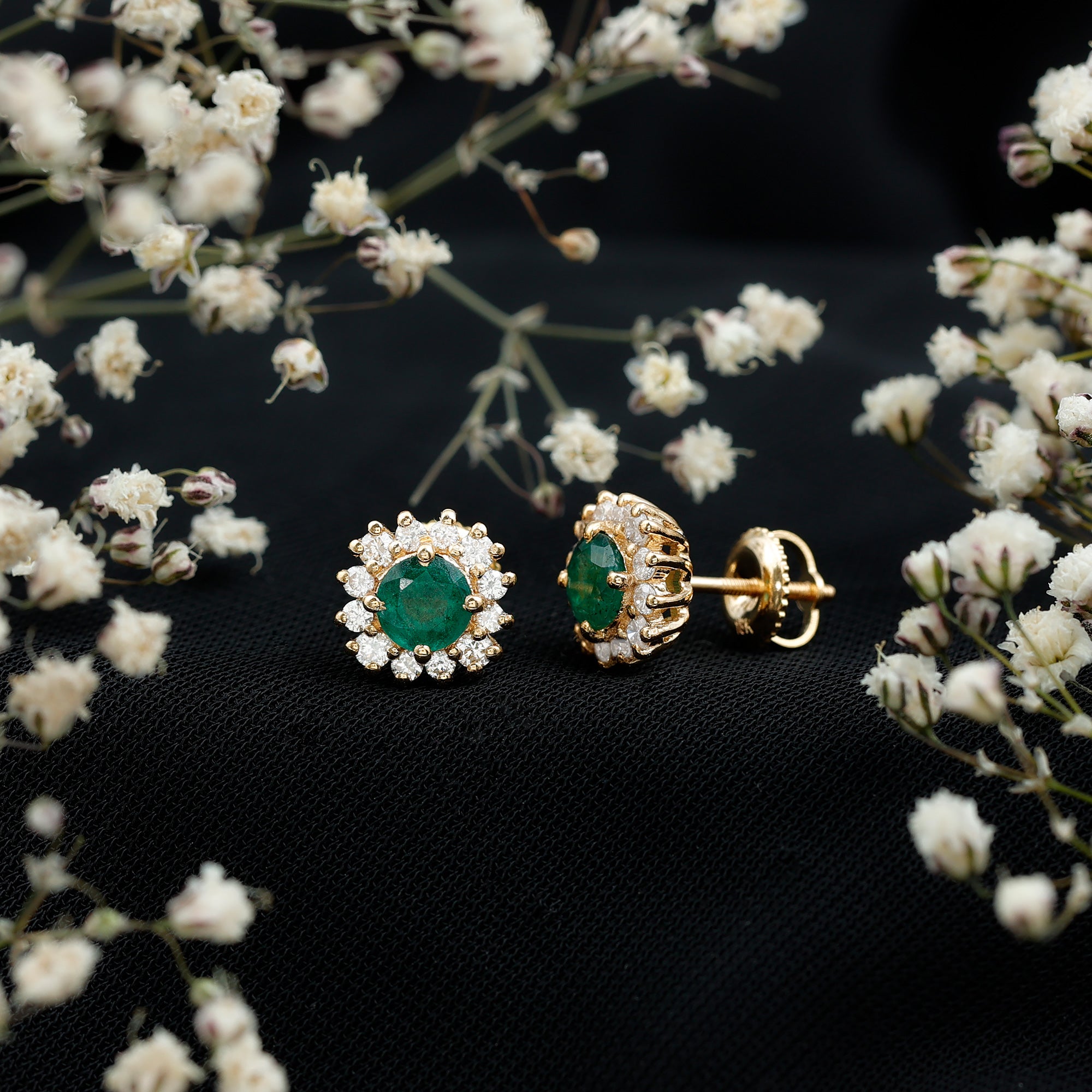 Classic Emerald Stud Earrings with Diamond Halo AAA - Rosec Jewels