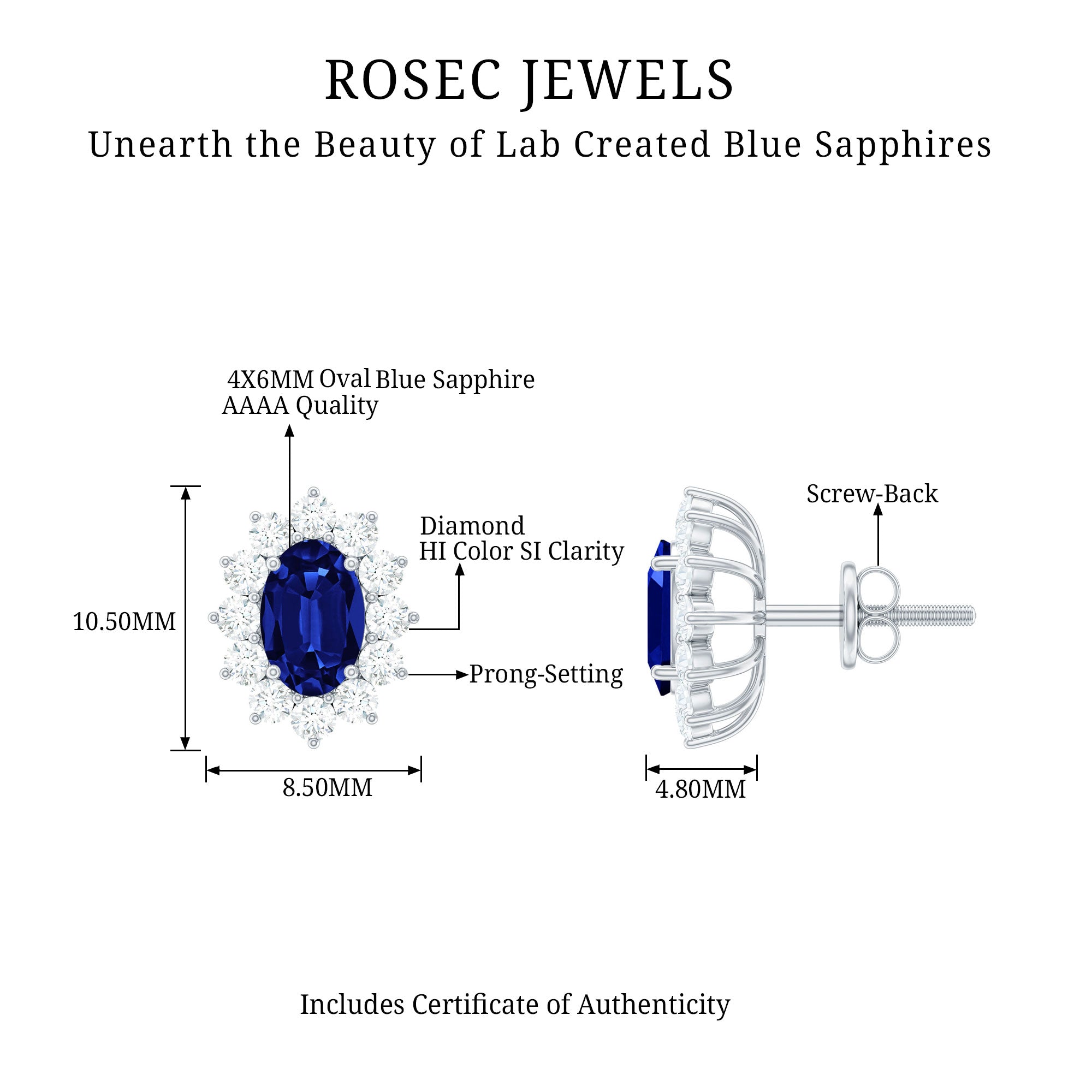 Oval Shaped Lab Grown Blue Sapphire and Diamond Halo Stud Earrings AAAA - Rosec Jewels