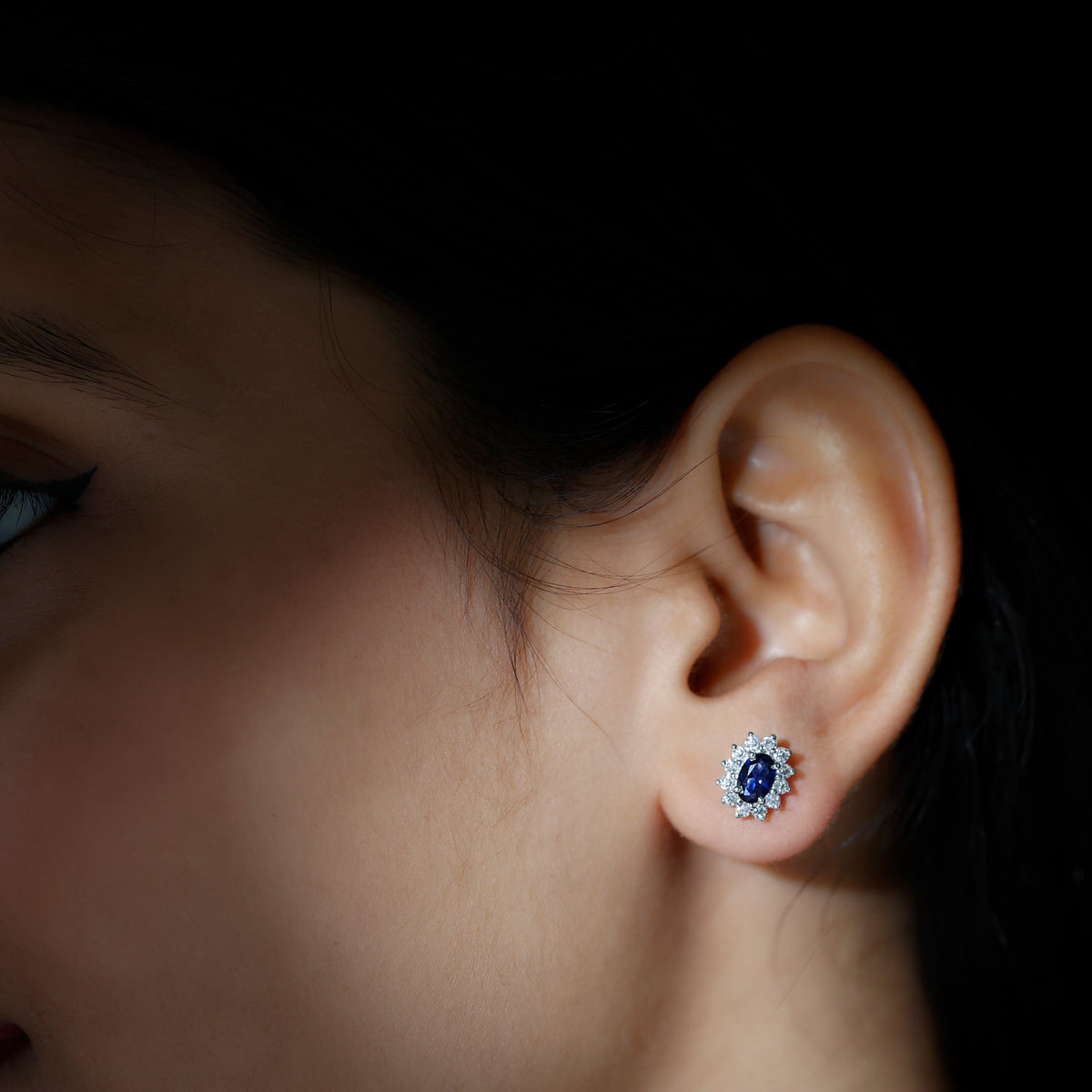 Rosec Jewels-Oval Shaped Lab Grown Blue Sapphire and Diamond Halo Stud Earrings