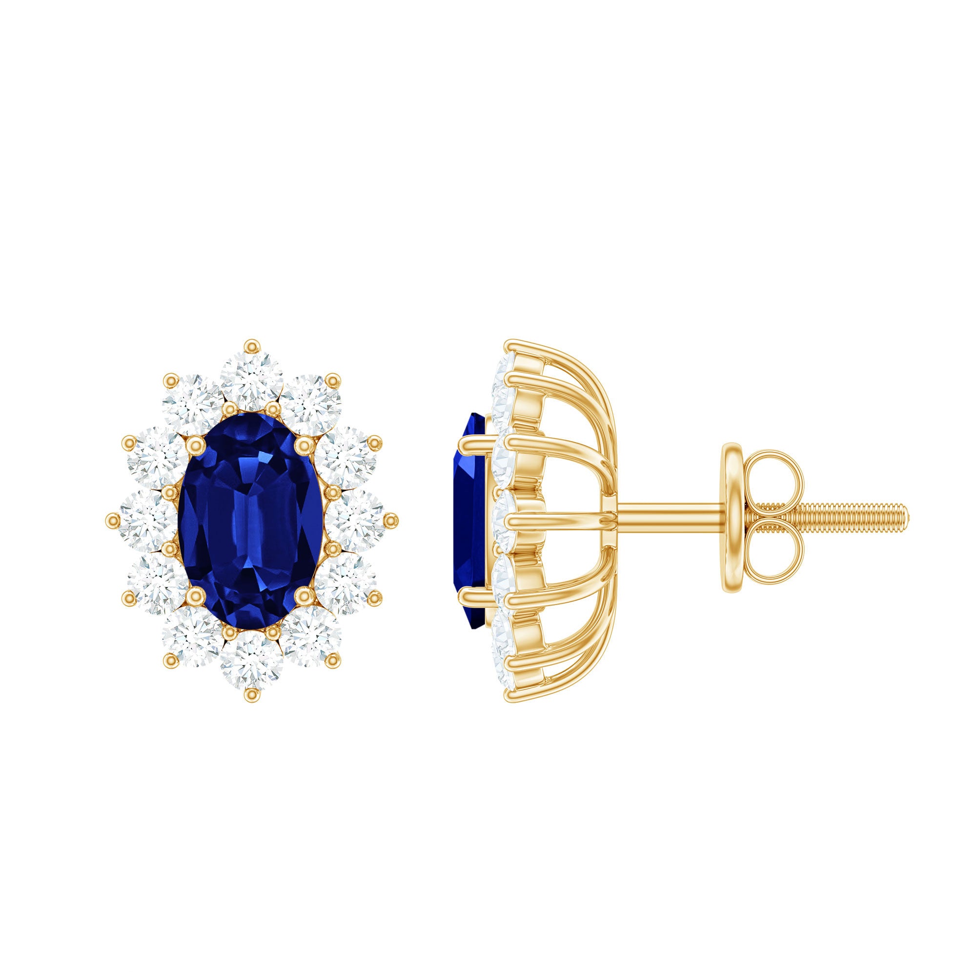 Oval Shaped Lab Grown Blue Sapphire and Diamond Halo Stud Earrings AAAA - Rosec Jewels