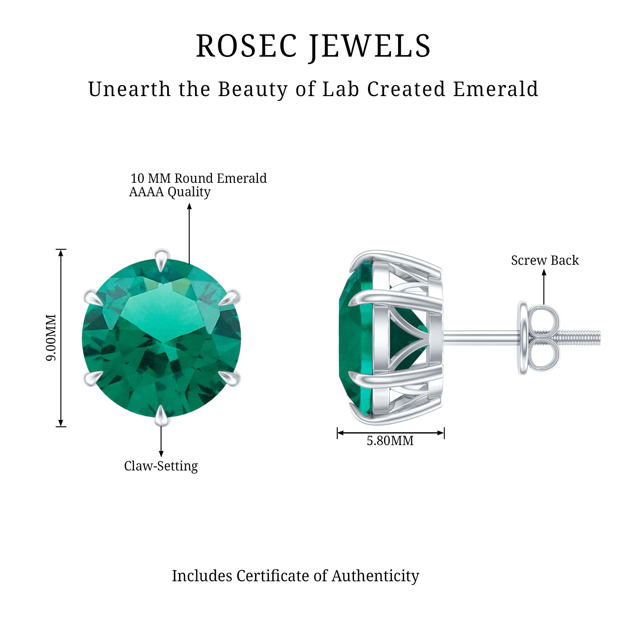 7 Carat Round Lab Grown Emerald Solitaire Stud Earrings AAAA - Rosec Jewels
