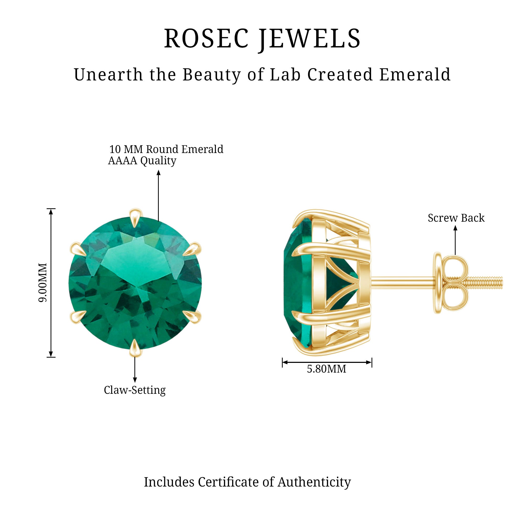 7 Carat Round Lab Grown Emerald Solitaire Stud Earrings AAAA - Rosec Jewels