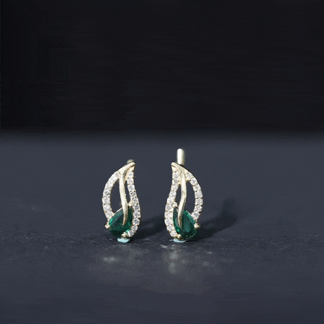 Lab Created Emerald and Diamond Leaf Stud Earrings AAAA - Rosec Jewels