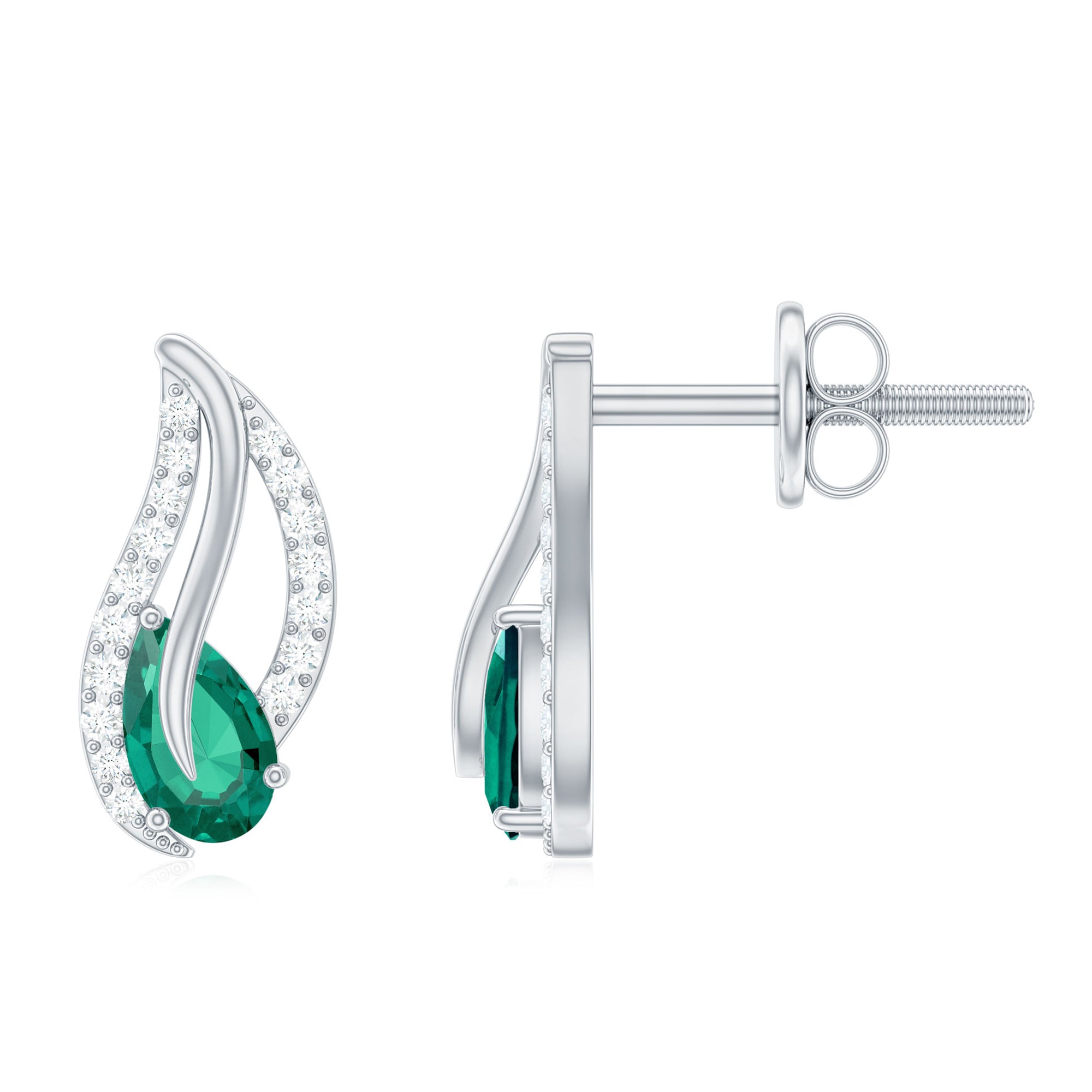 Lab Created Emerald and Diamond Leaf Stud Earrings AAAA - Rosec Jewels