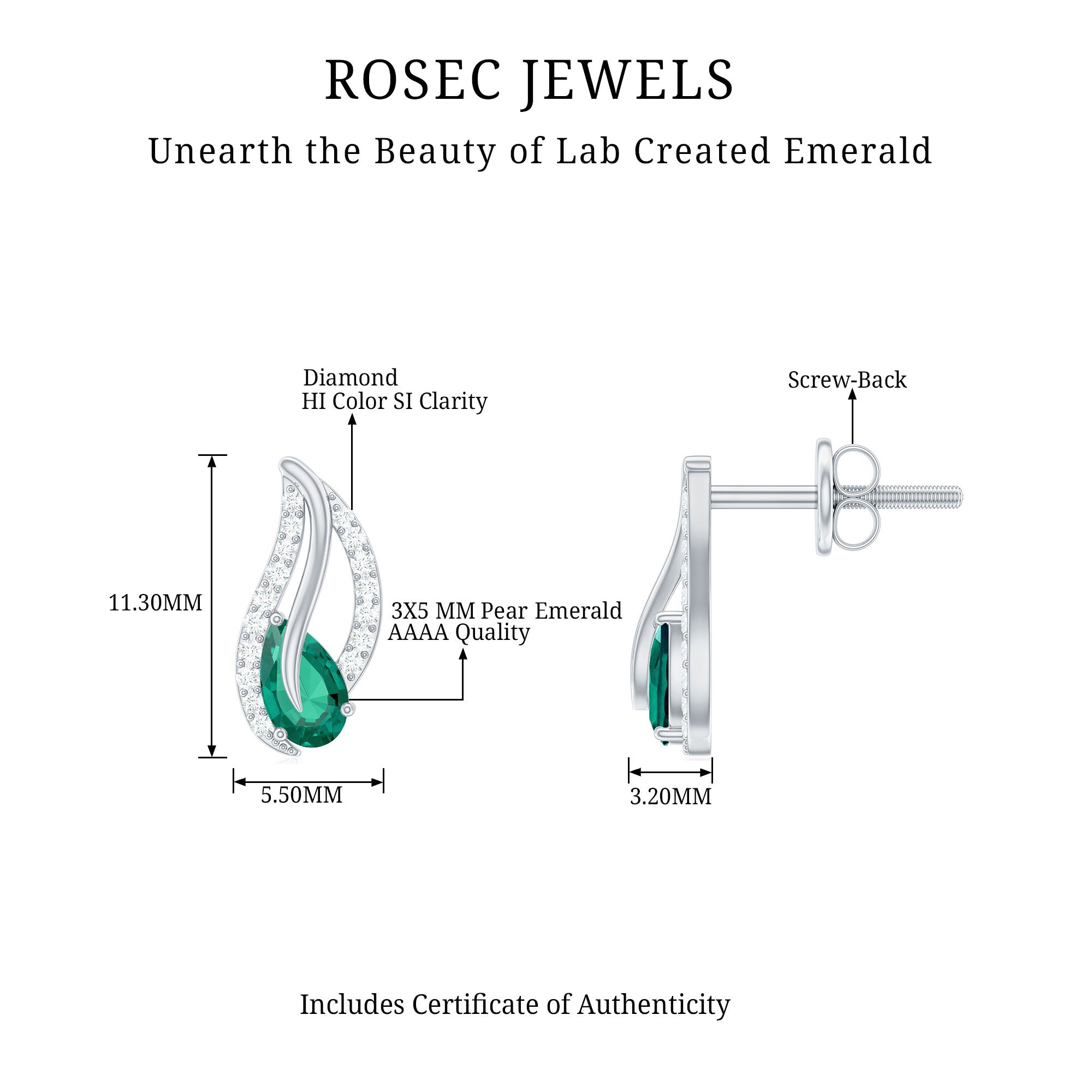Lab Created Emerald and Diamond Leaf Stud Earrings AAAA - Rosec Jewels