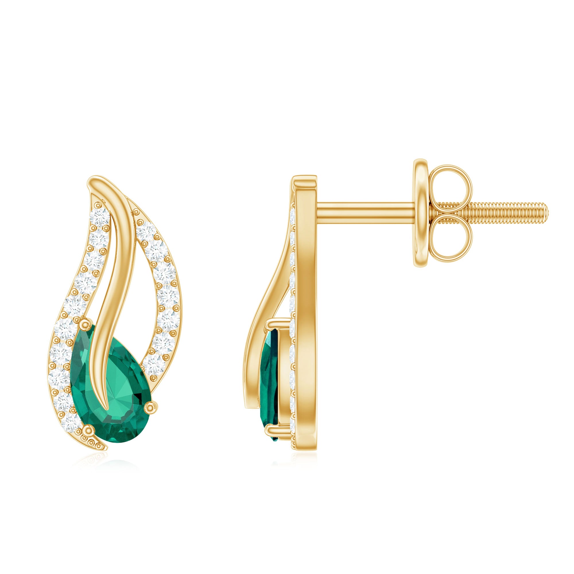 Lab Created Emerald and Diamond Leaf Stud Earrings AAAA - Rosec Jewels