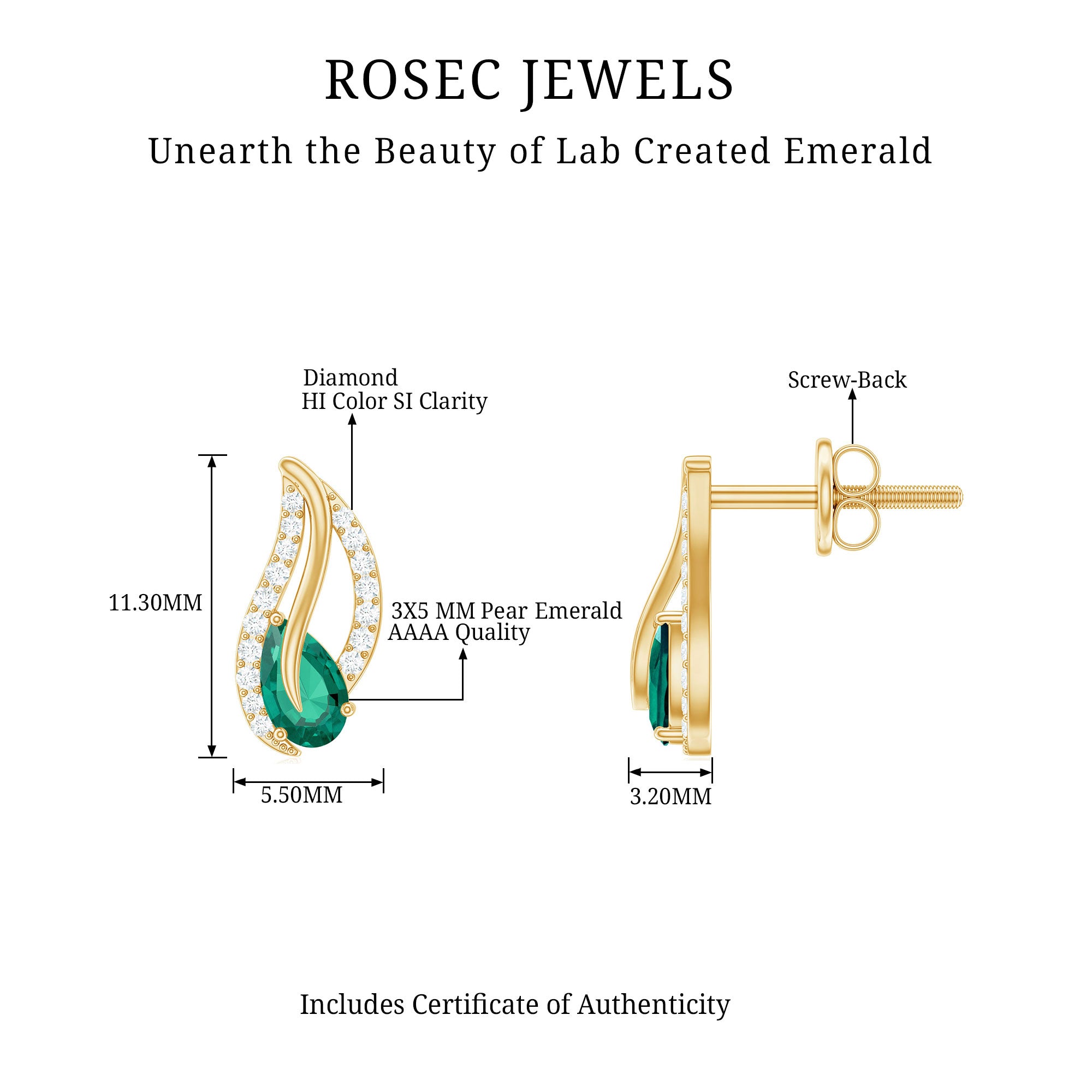 Lab Created Emerald and Diamond Leaf Stud Earrings AAAA - Rosec Jewels