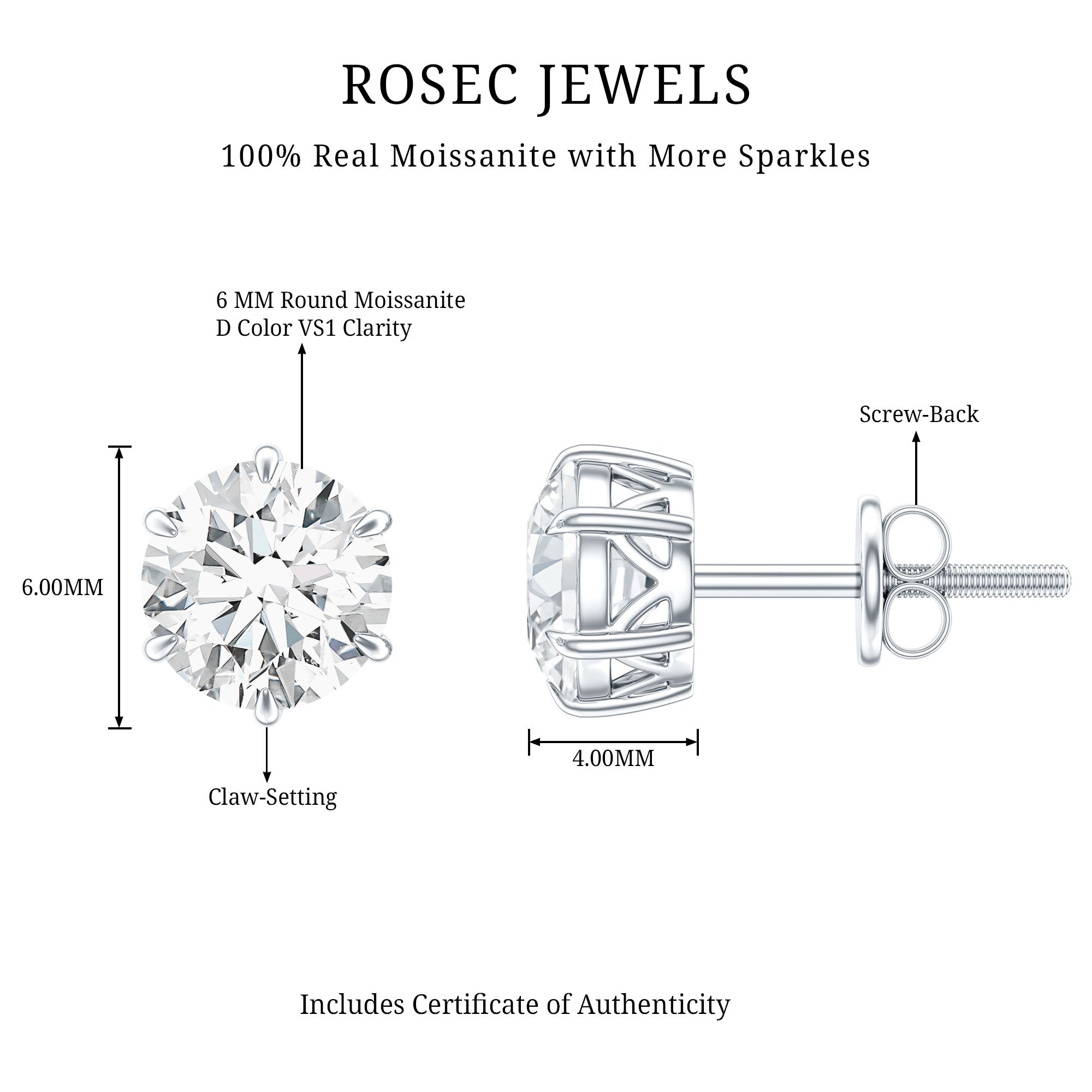 Claw Set Moissanite Solitaire Stud Earrings with Screw Backs D-VS1 - Rosec Jewels