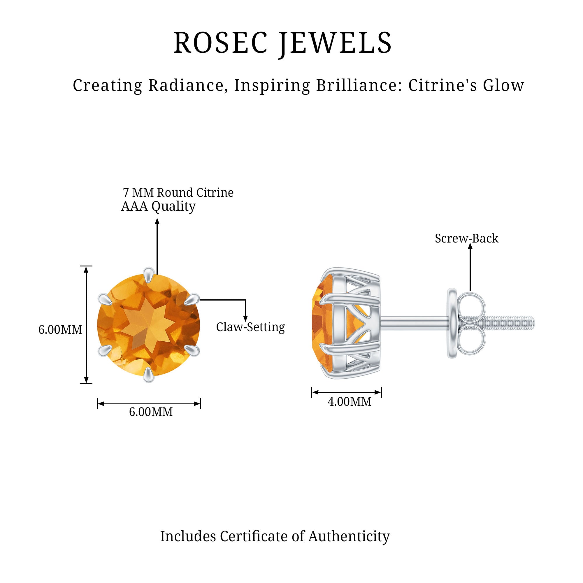 2.4 Carat Claw Set Citrine Solitaire Stud Earrings AAA - Rosec Jewels