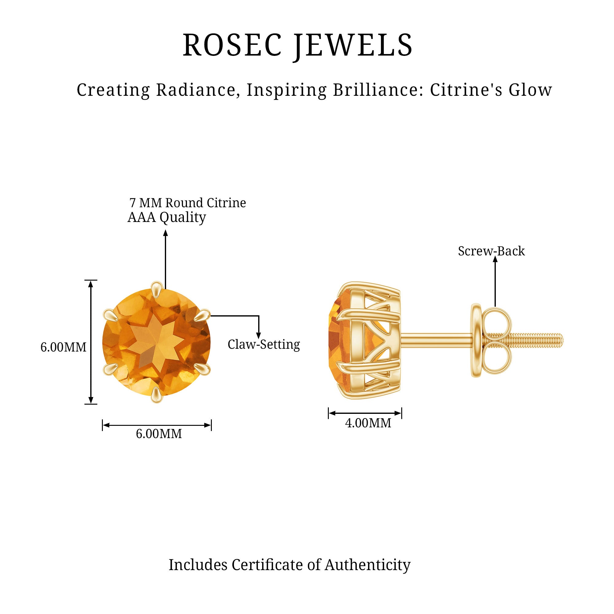 2.4 Carat Claw Set Citrine Solitaire Stud Earrings AAA - Rosec Jewels
