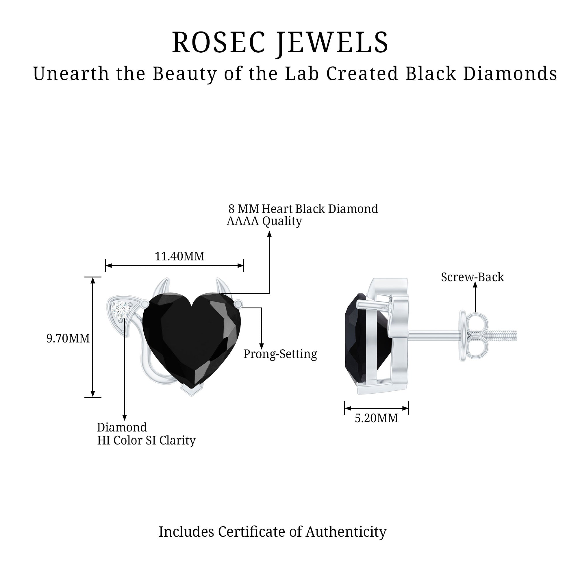 Certified Lab Grown Black Diamond Gothic Stud Earrings with Diamond AAAA ( Synthetic ) - Rosec Jewels